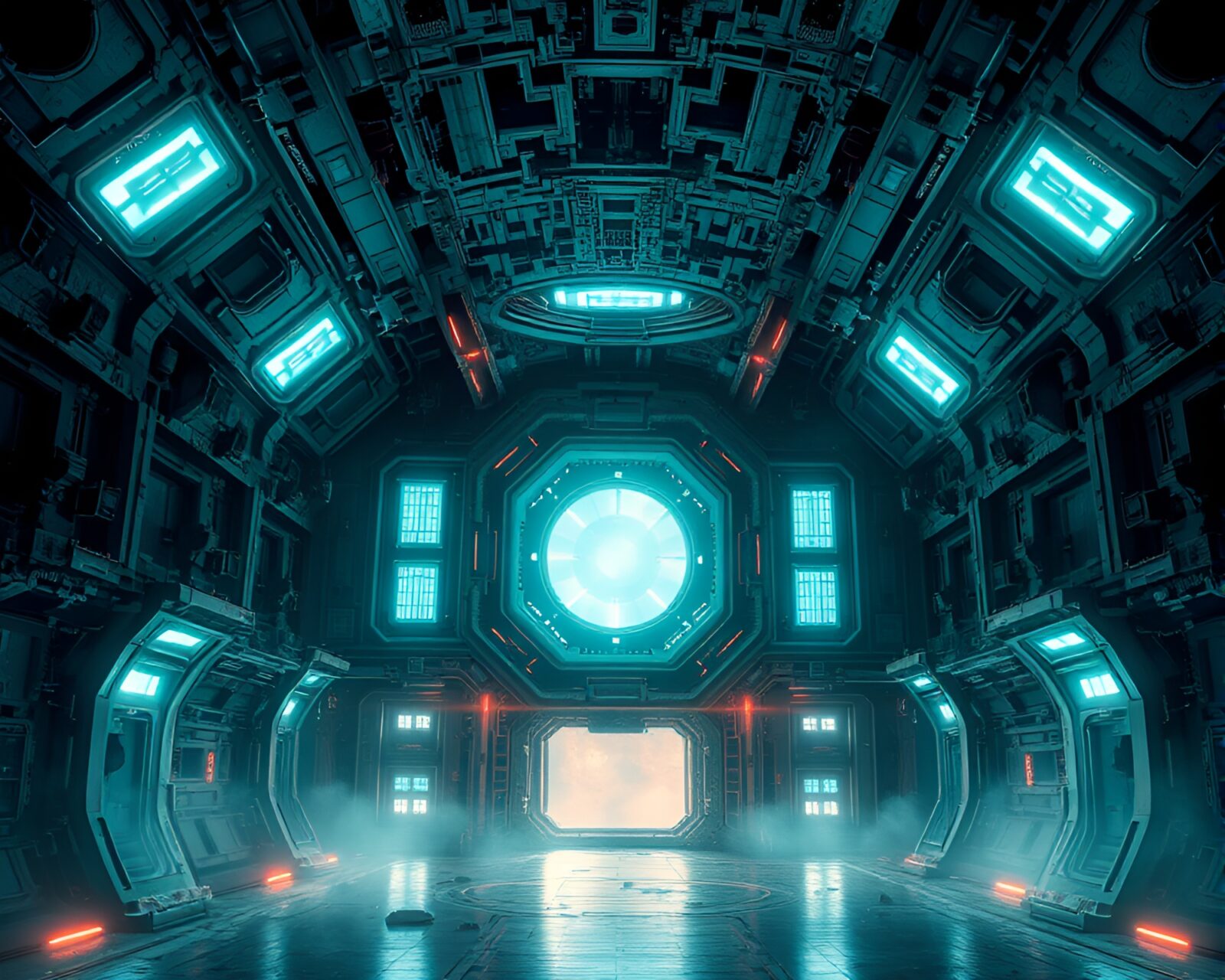Glowing abandoned space station floating in eerily beautiful atmosphere