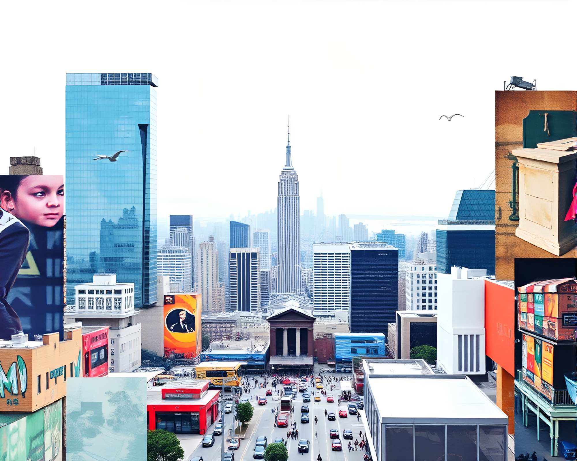 Unique Photomontage of Vibrant Cityscape with Minimalistic Design – free AI stock image