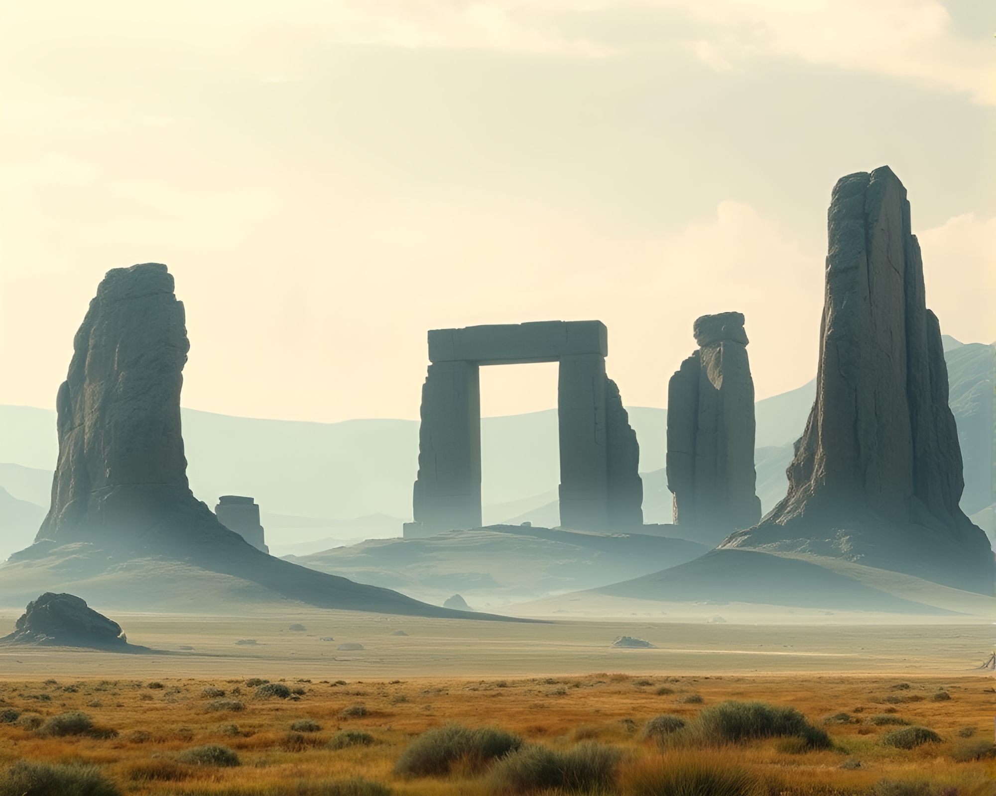 Ancient Monolithic Ruins in Abstract Serene Landscape – free AI stock image