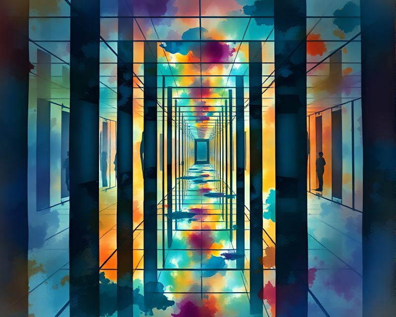 Enigmatic Mirror Labyrinth: Vibrant Watercolor Splash Art – free AI stock image