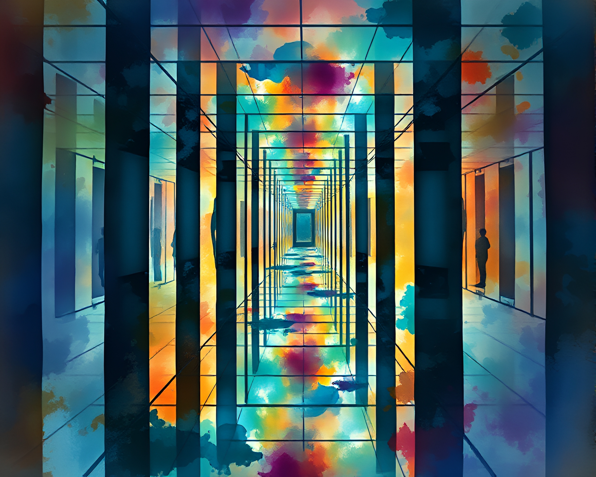 Enigmatic Mirror Labyrinth: Vibrant Watercolor Splash Art – free AI stock image