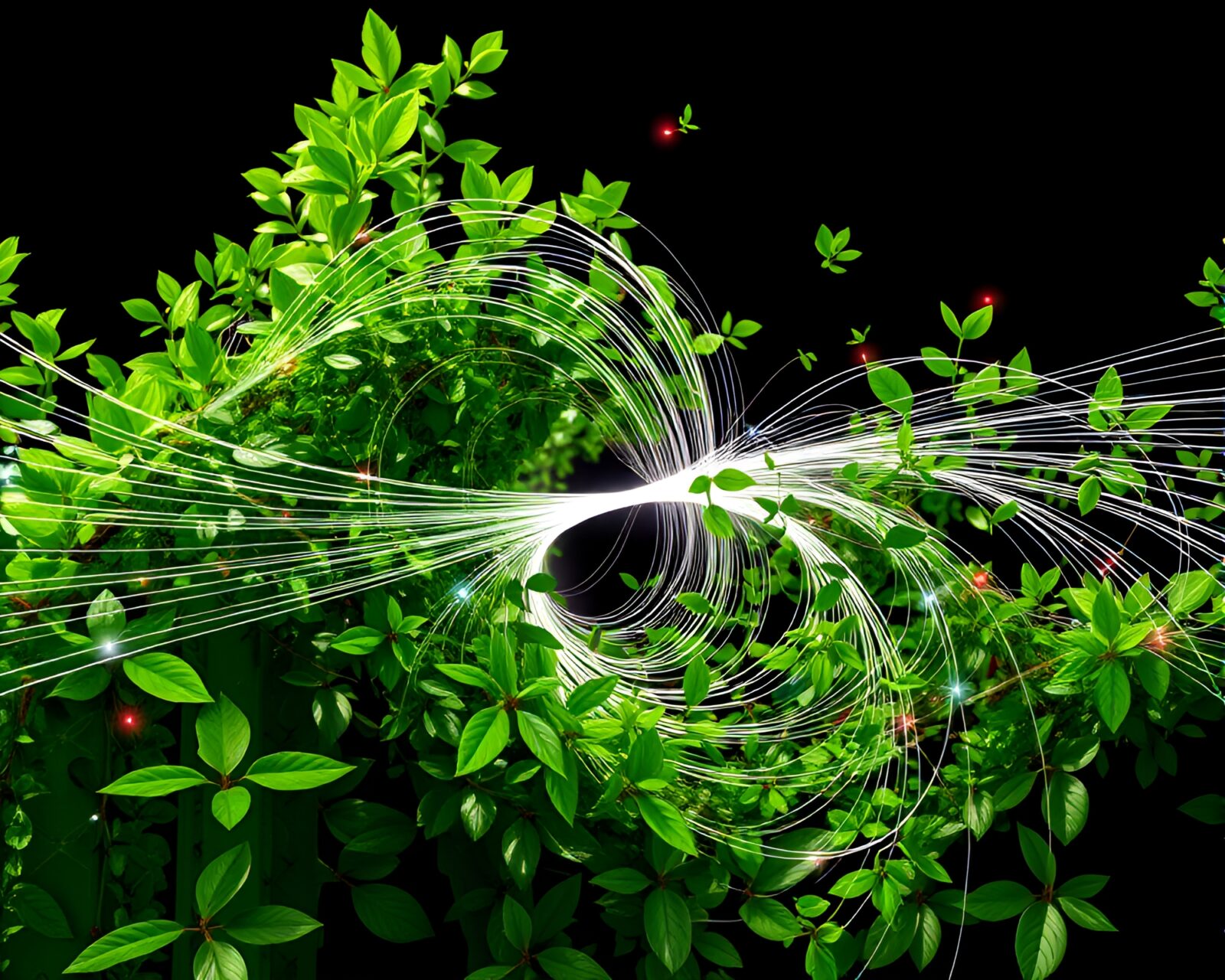 Intricate green sculpture displaying magnetic field lines with leaves