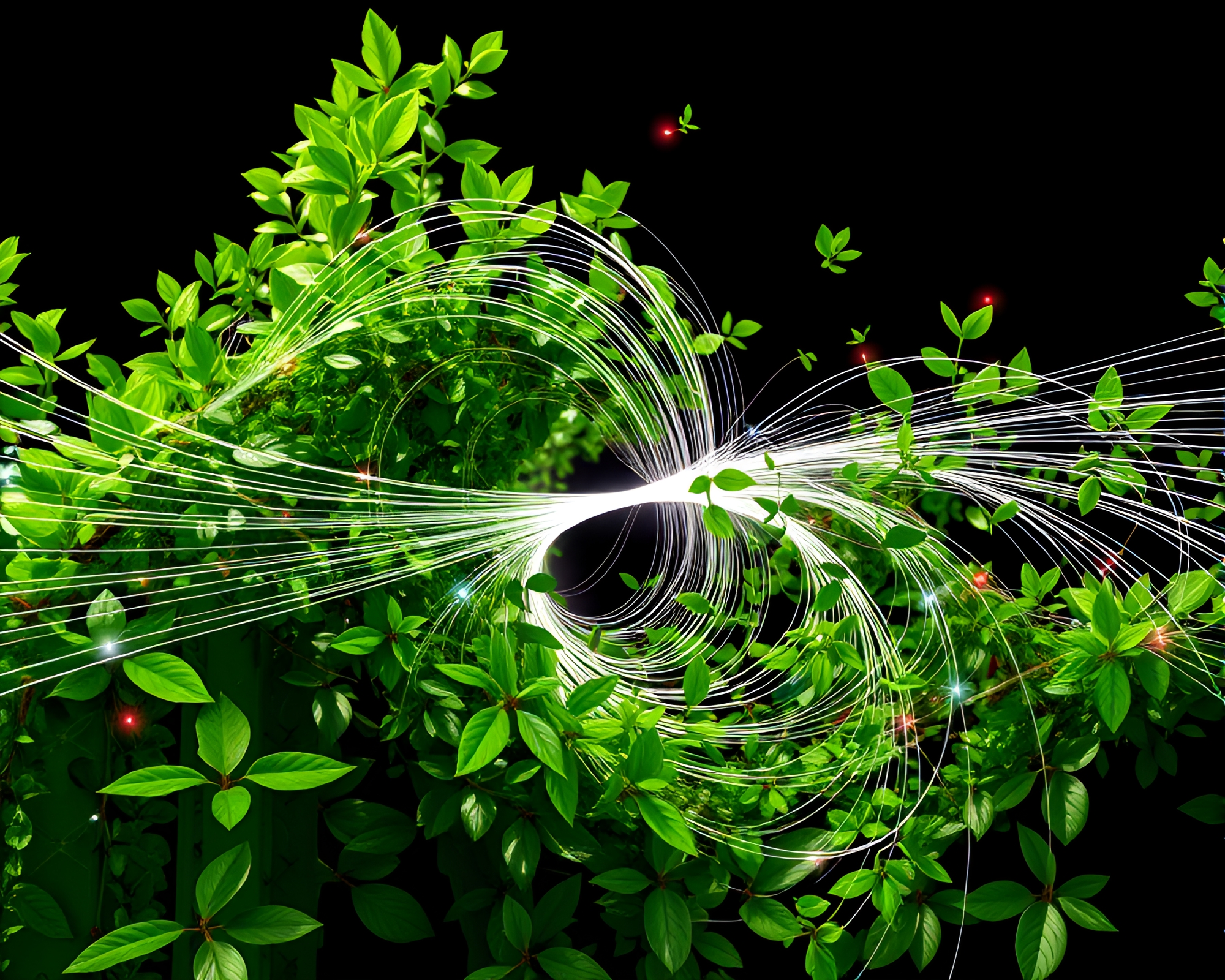 Kinetic Greenery Sculpture with Magnetic Field Lines – free AI stock image