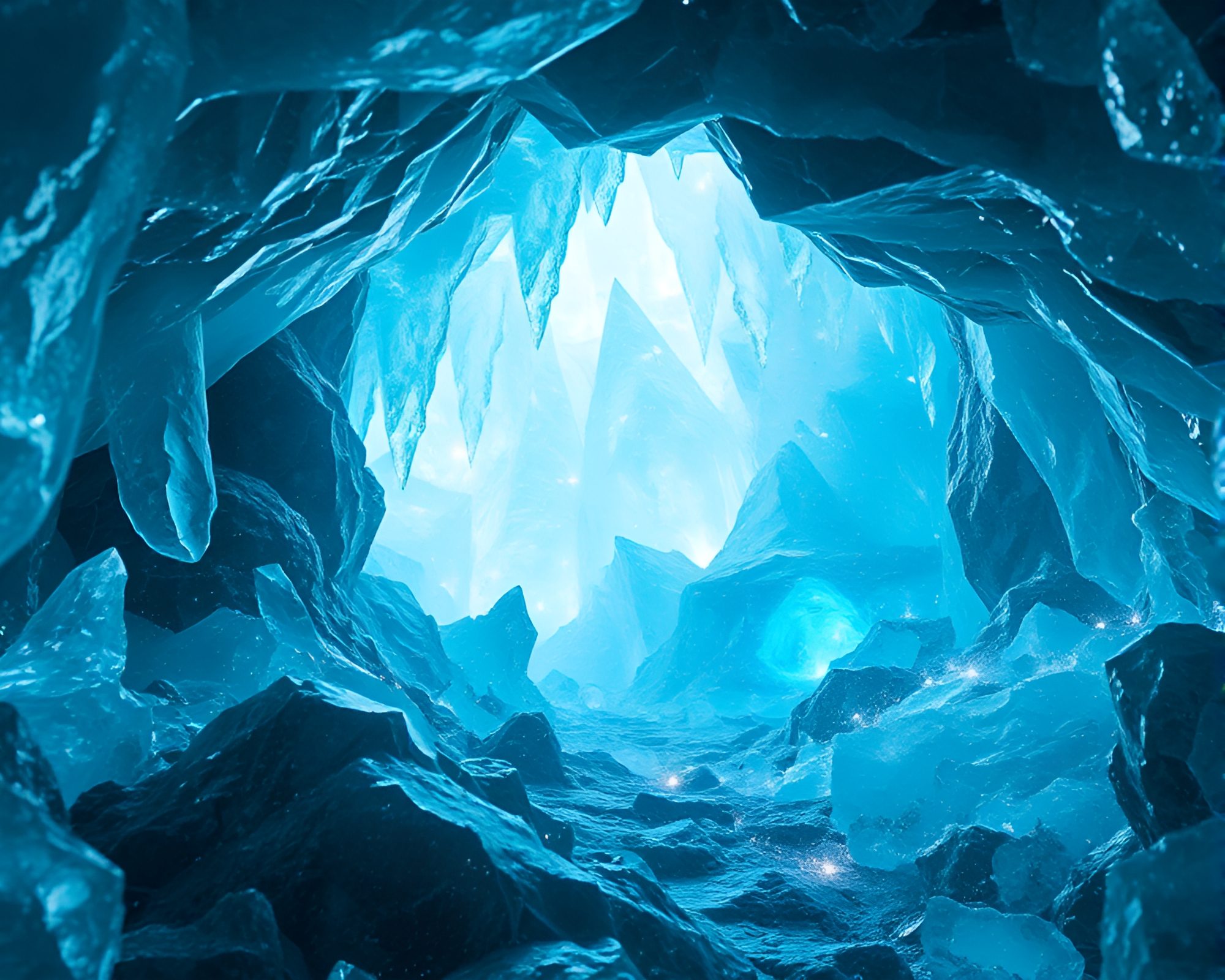 Enchanting ice prism cavern with glowing crystals – free AI stock image