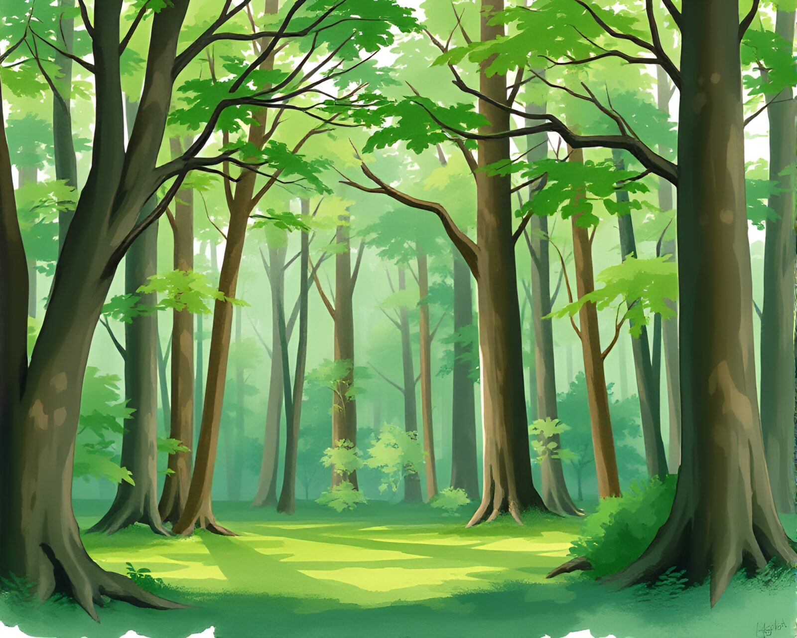 A serene forest glade under emerald canopy in watercolors