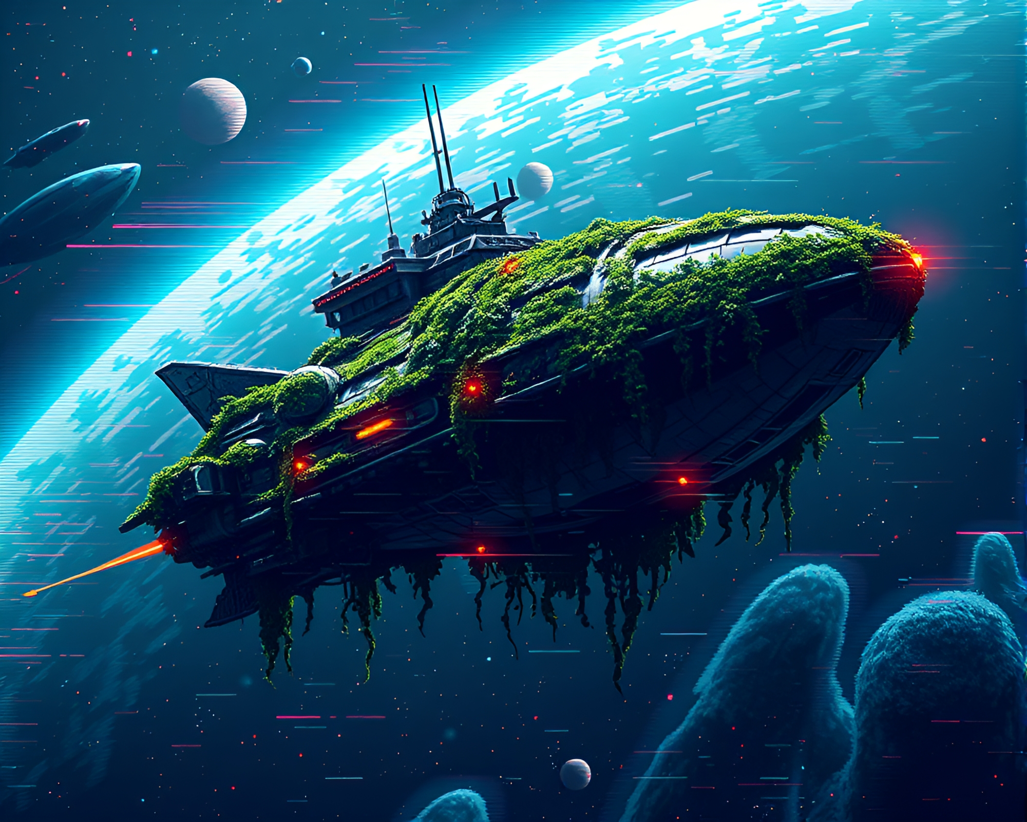 Ivy-Covered Spaceship Surrounded by 8-Bit Glitch Art – free AI stock image