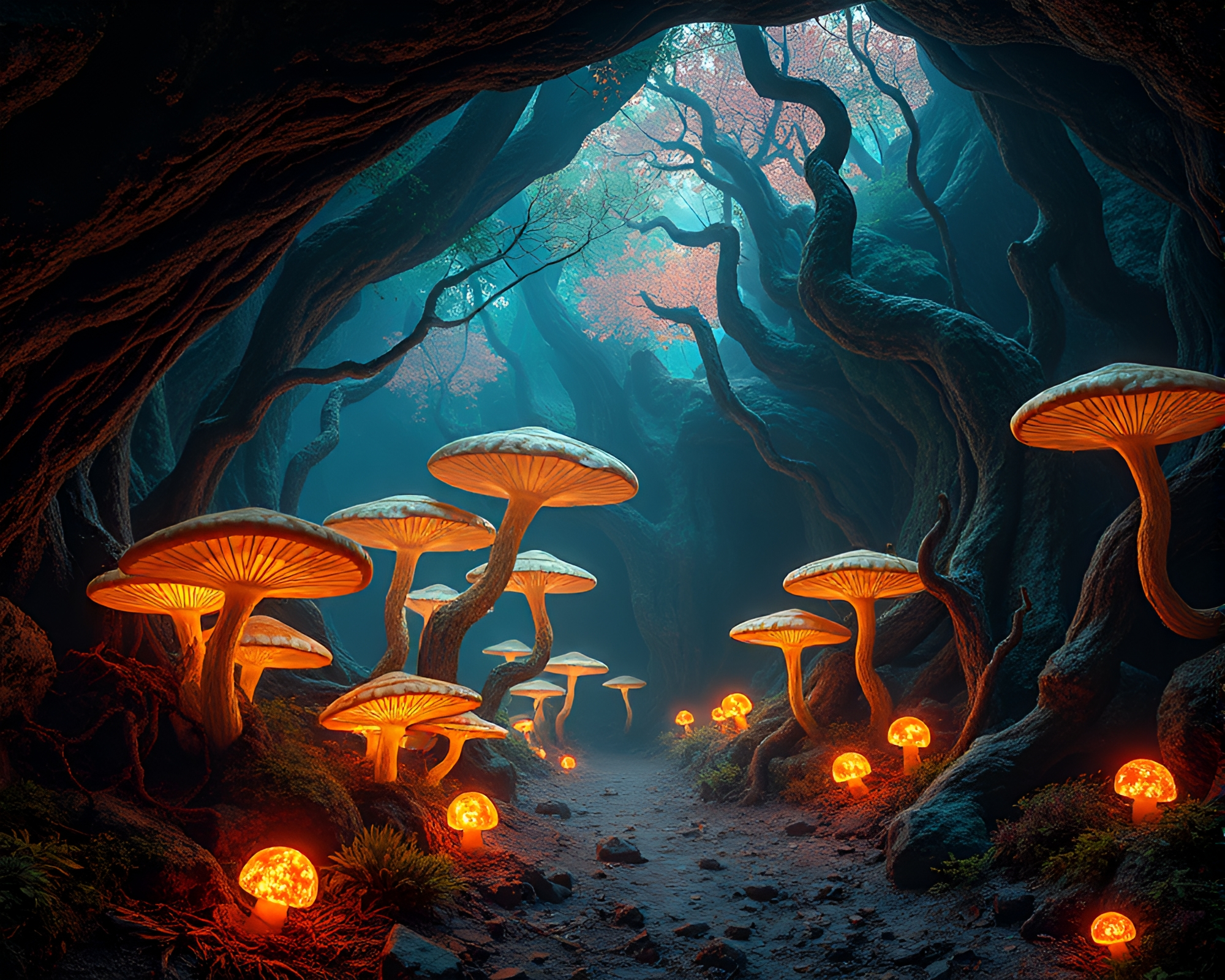 Mystical Subterranean Forest Glowing with Fungal Trees – free AI stock image