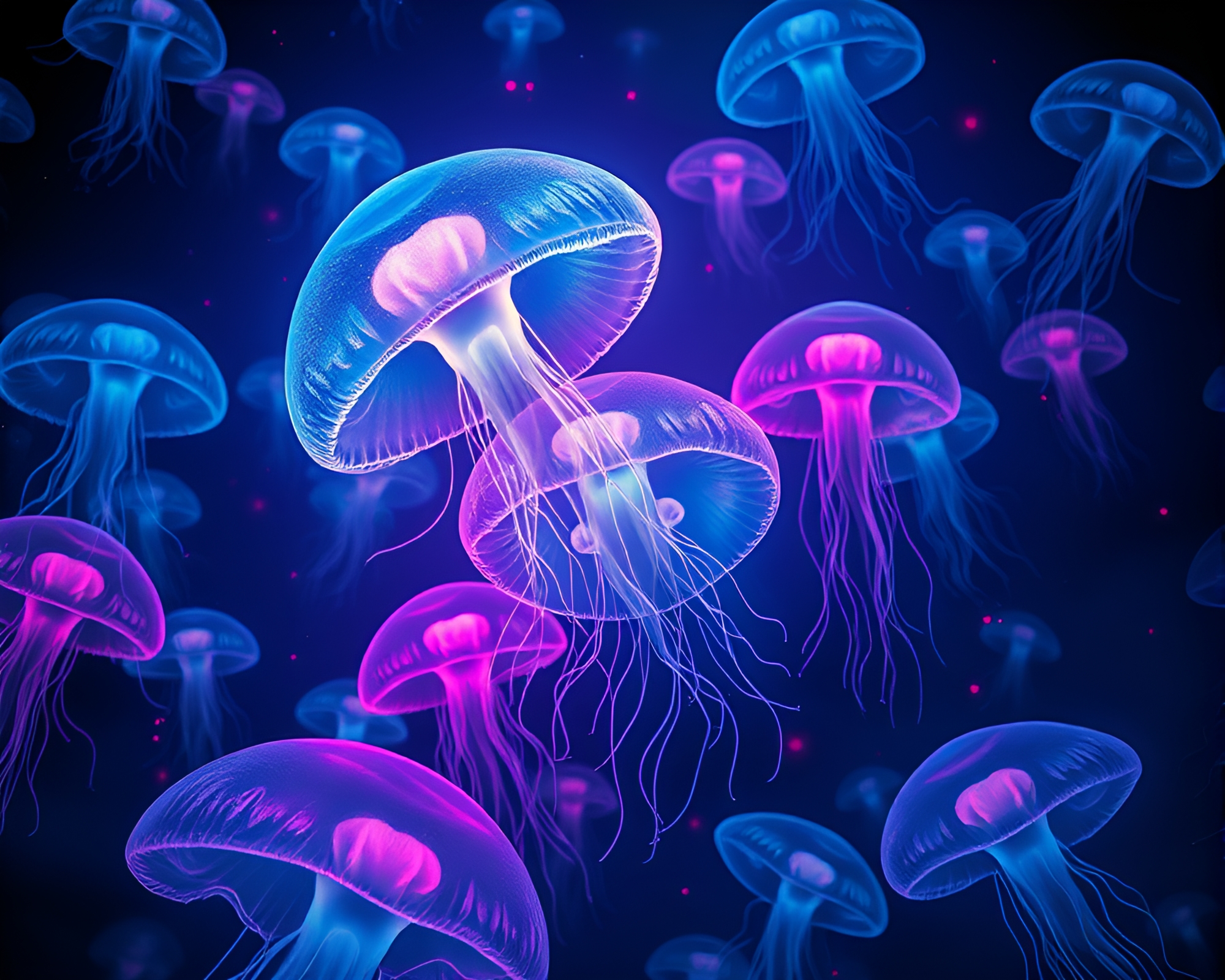 Mesmerizing Luminescent Jellyfish Swarm in Noir Illustration Style – free AI stock image