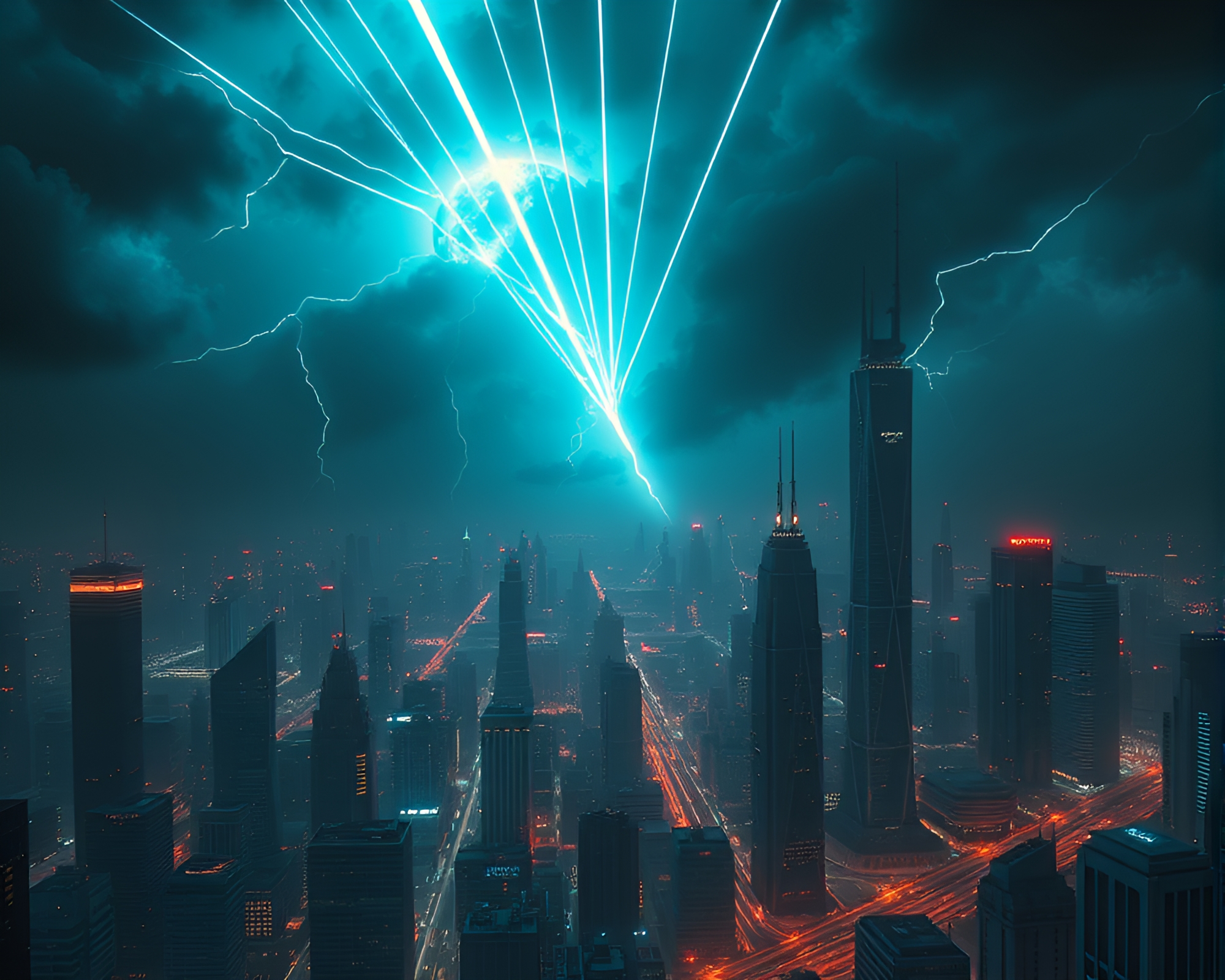Kinetic Light Trails Illuminate Apocalyptic Futuristic Cityscape – free AI stock image