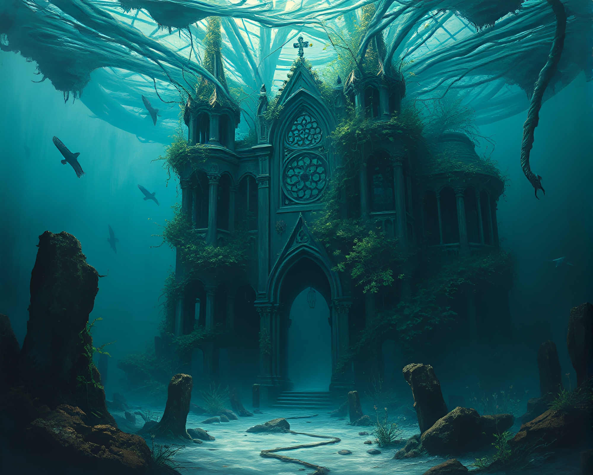 Submerged Cathedral Embraced by Nature in Dystopian Painting – free AI stock image