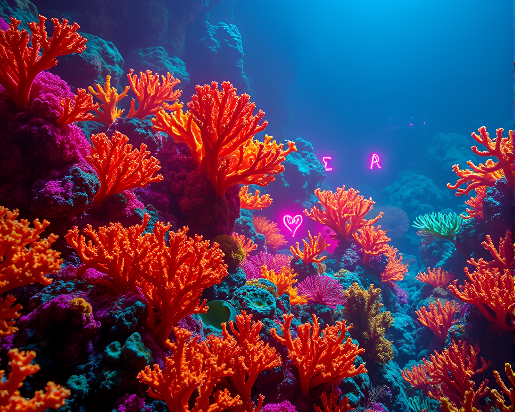 Neon graffiti adorns alien coral forest in distant world – free AI stock image