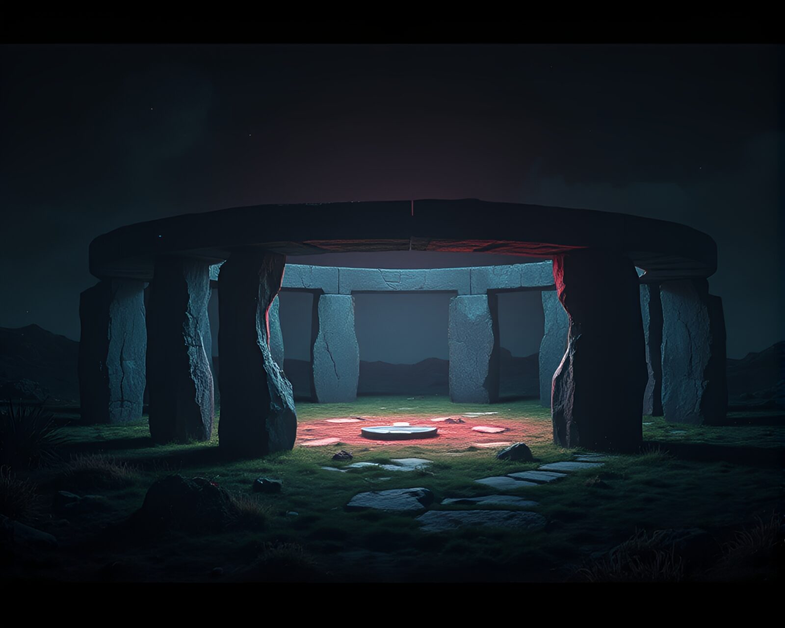 Eerie noir setting with futuristic stone circle and glitchy lights