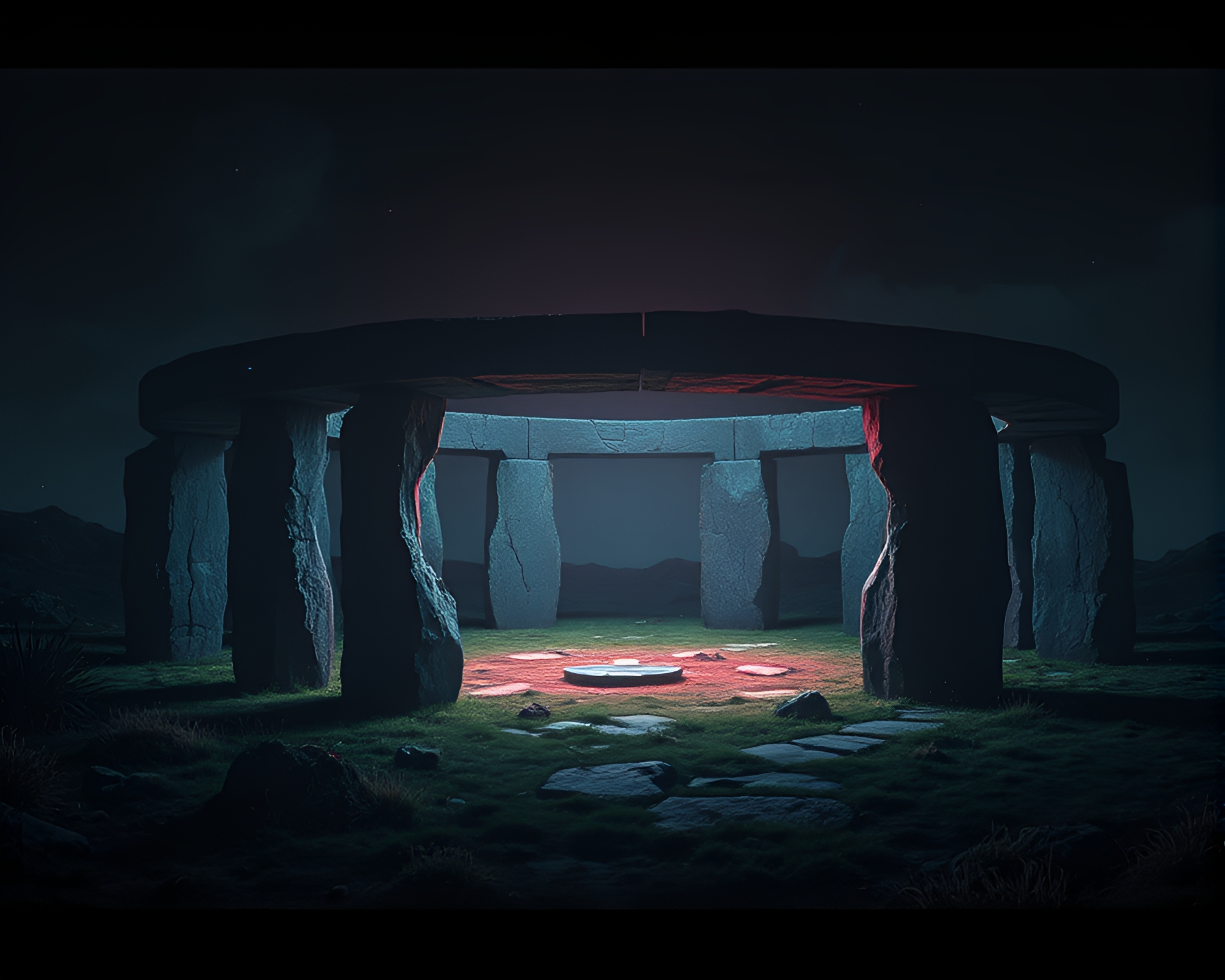 Futuristic Druidic Stone Circle Illuminated by Glitchy Neon Lights – free AI stock image
