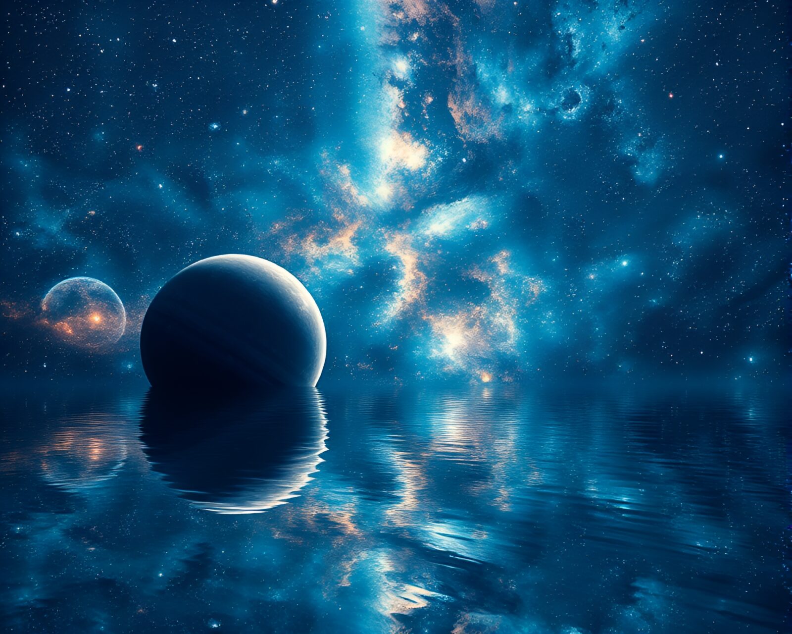 Macro photography of serene cosmic ocean with galaxies and stars.