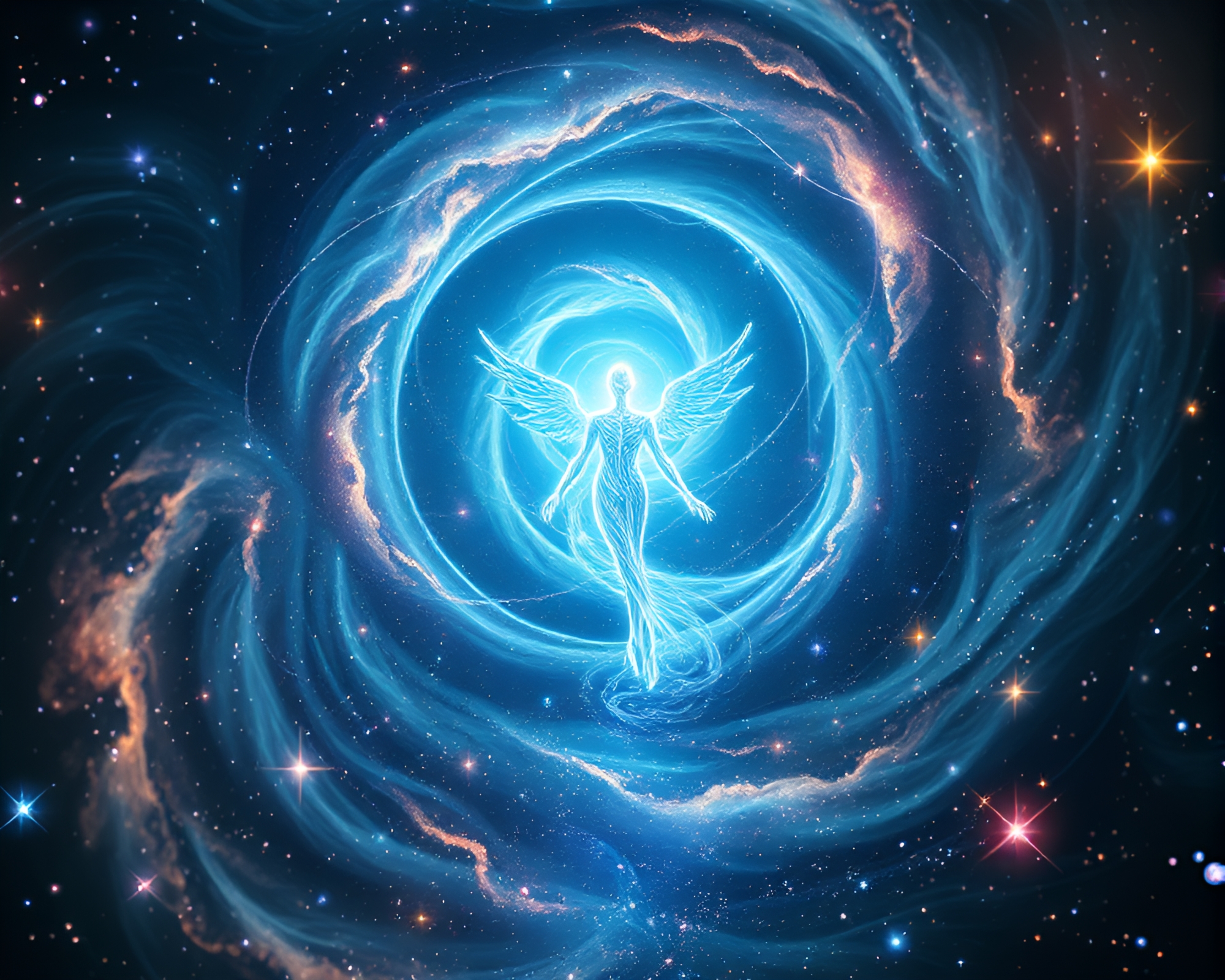 Celestial Being in Time-Warp Corridor Emerges – free AI stock image