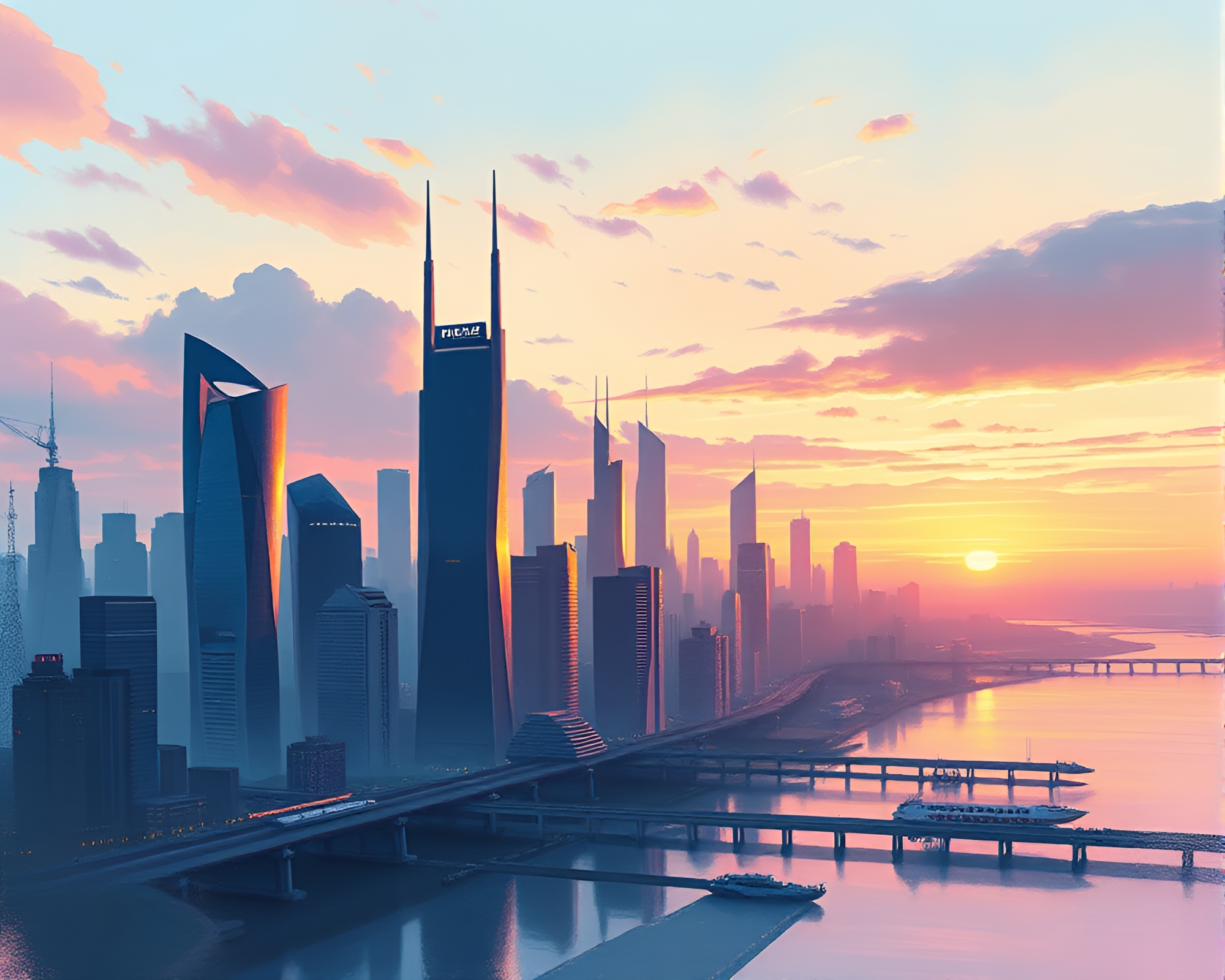 Twilight in Futuristic Metropolis: Pastel Blended Skyline – free AI stock image