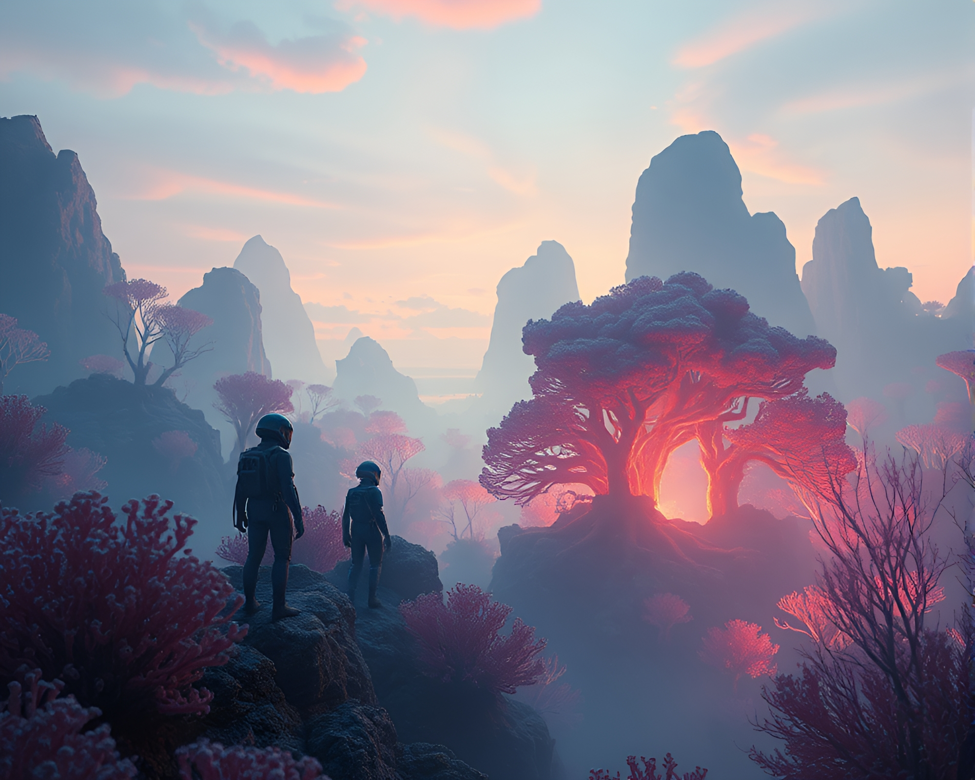 Exploring a Surreal Alien Coral Forest at Twilight – free AI stock image