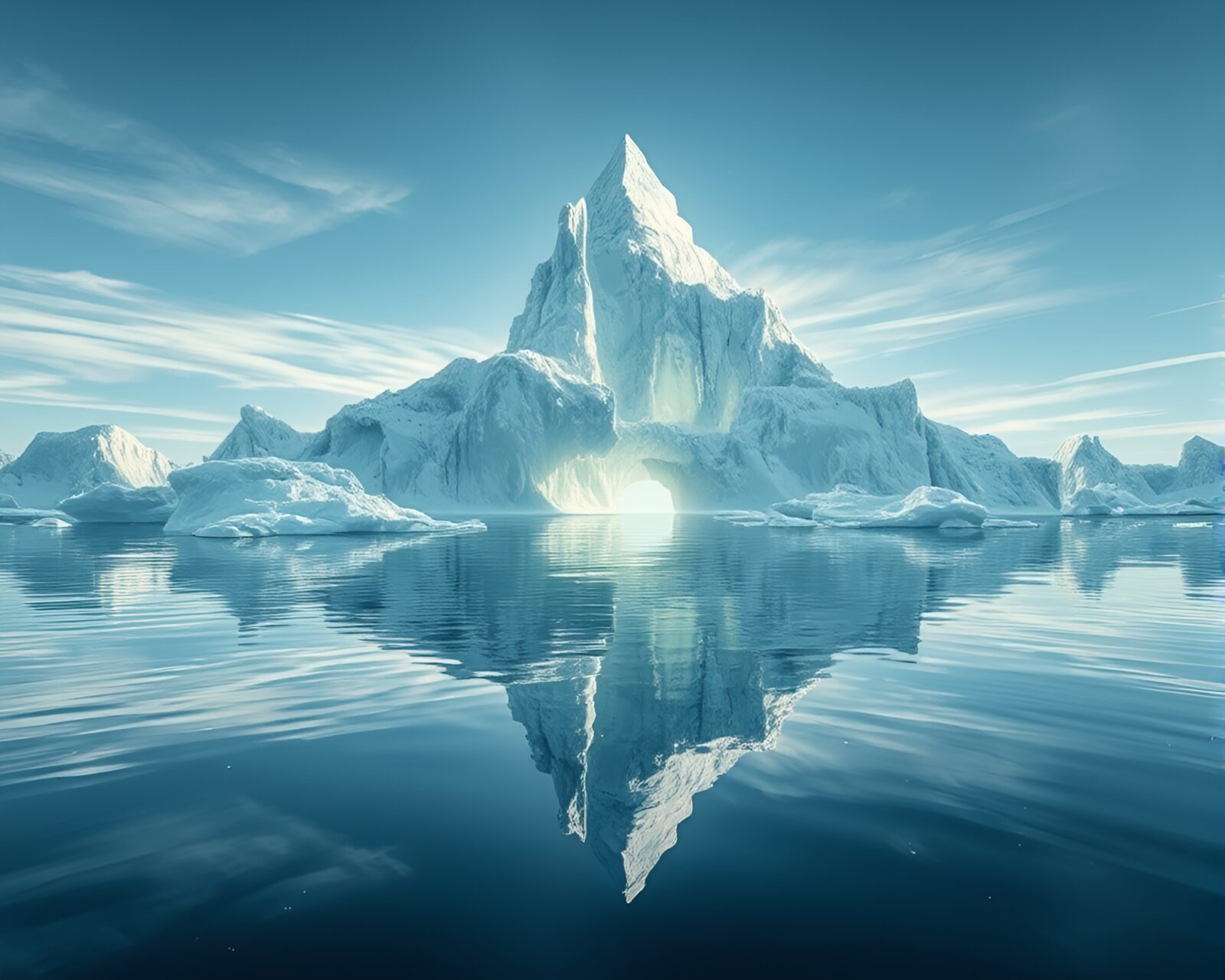 Iceberg resembling a cathedral in serene photorealistic CGI scene