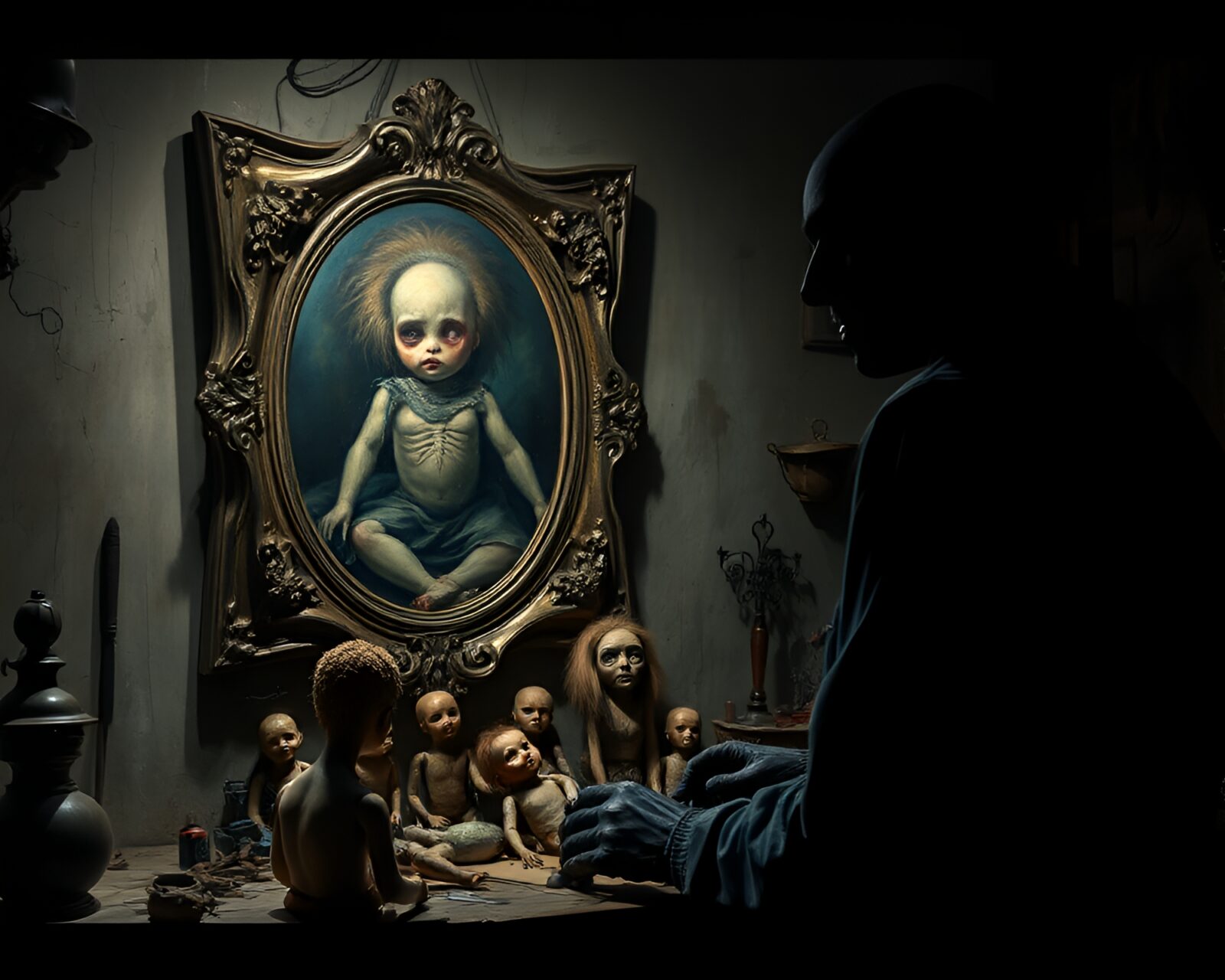 Mysterious figure crafting eerie dolls under haunting oil painting