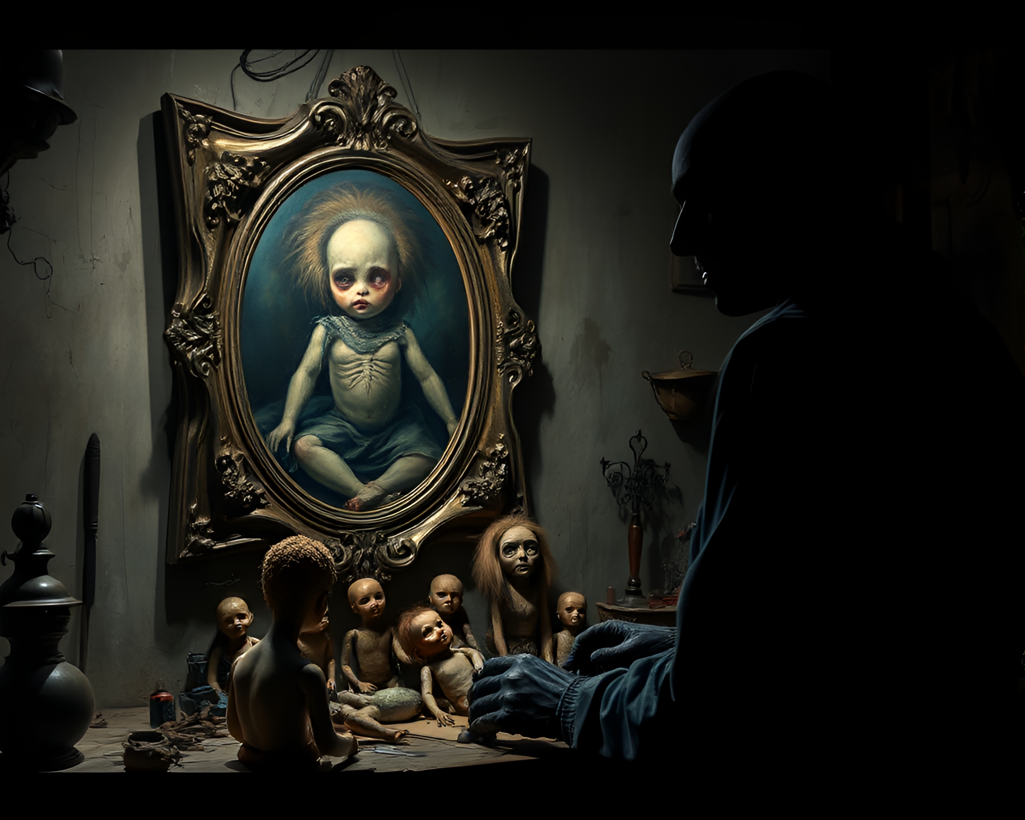 Sinister Doll Crafting in Haunted Workshop – free AI stock image