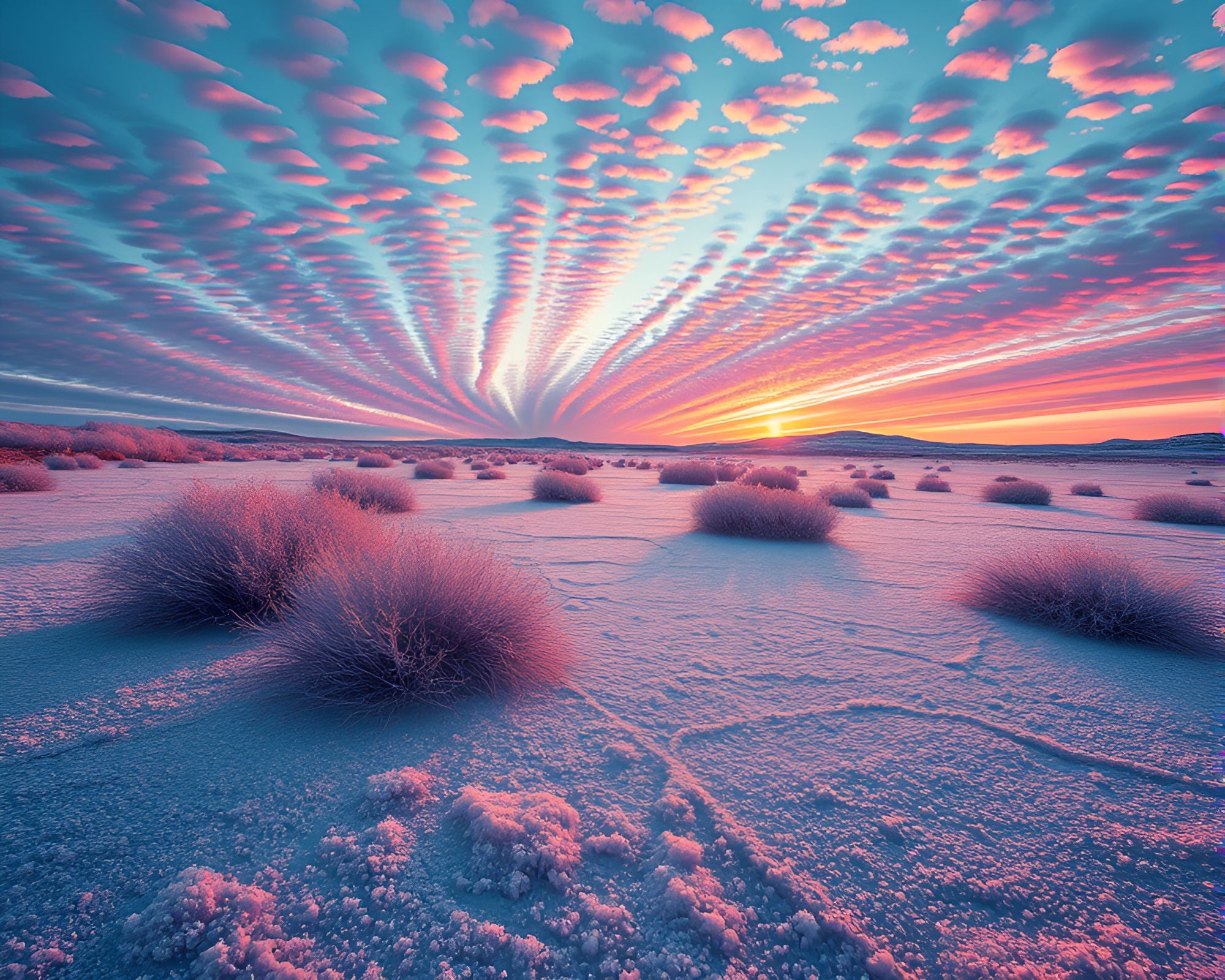 Spectacular Winter Landscape with Art Deco Sky – free AI stock image