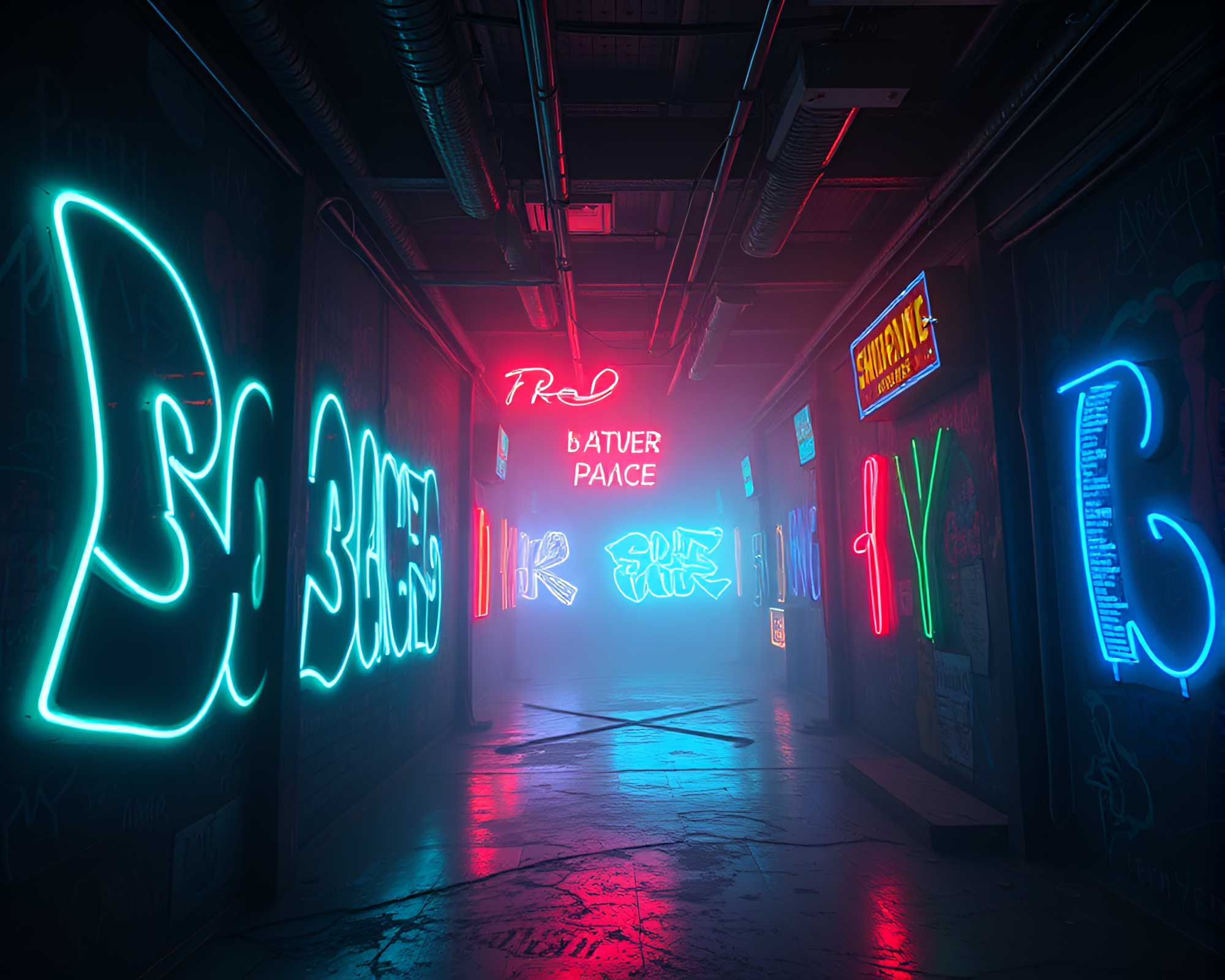 Ethereal Neon Graffiti Illuminating Dimly Lit Memory Palace – free AI stock image
