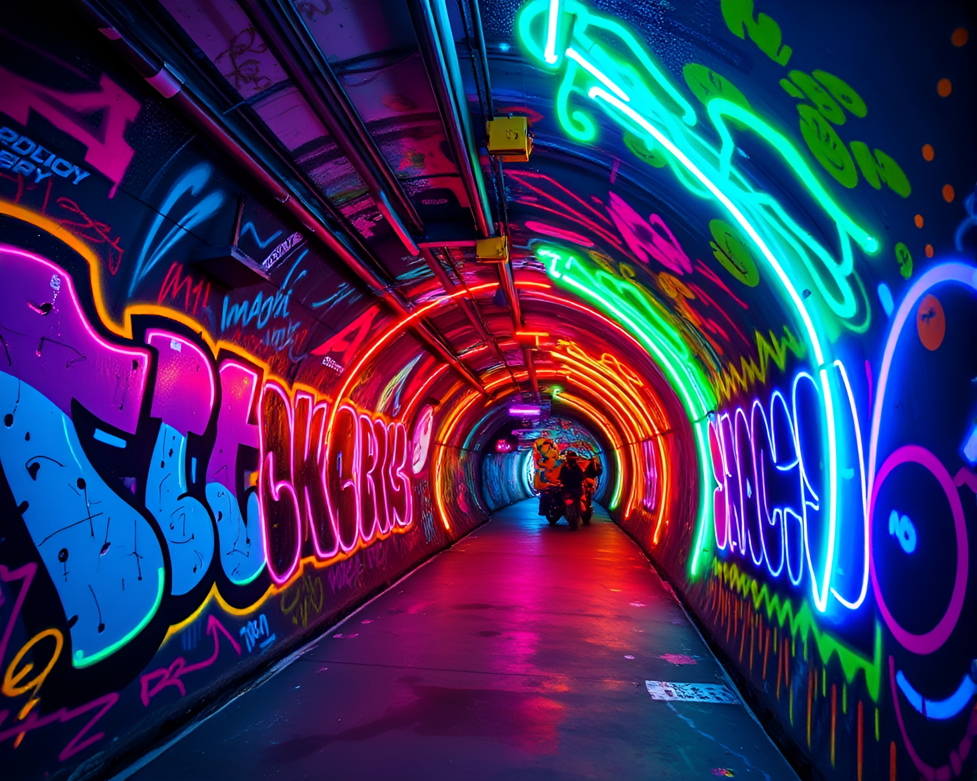 Vibrant Neon Graffiti Tunnel with Dynamic Shapes and Patterns – free AI stock image