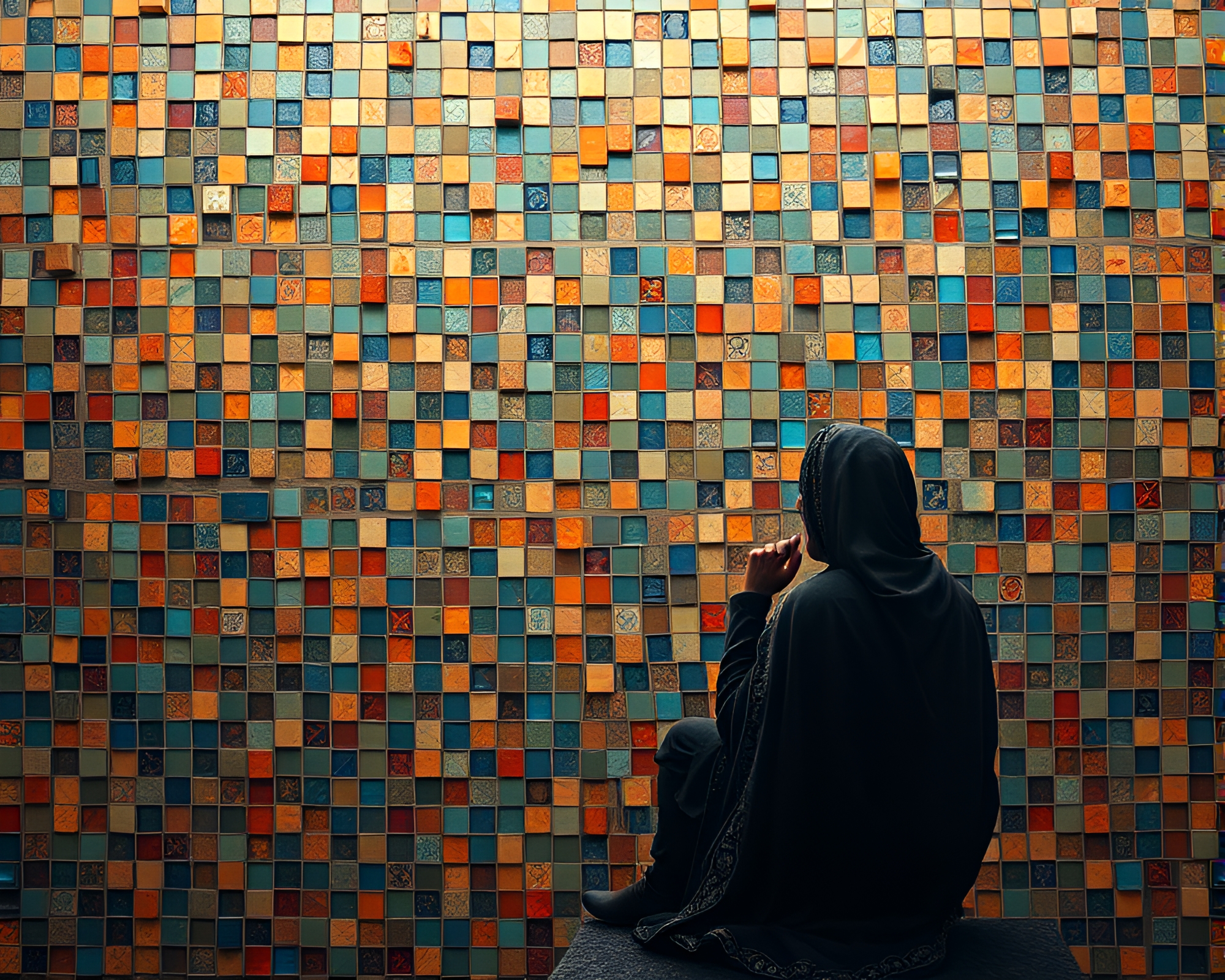 Enigmatic Figure Contemplates Mosaic Masterpiece in Crystal Cave – free AI stock image