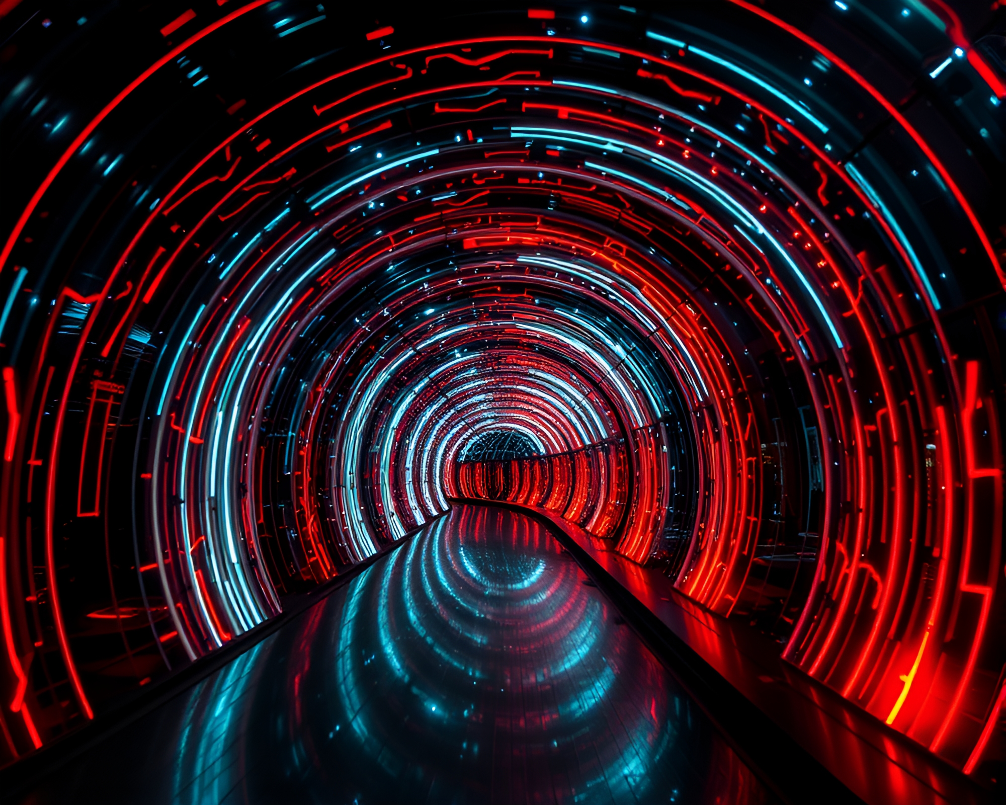 Enchanting Kinetic Light Tunnel with Modern Art Installations – free AI stock image