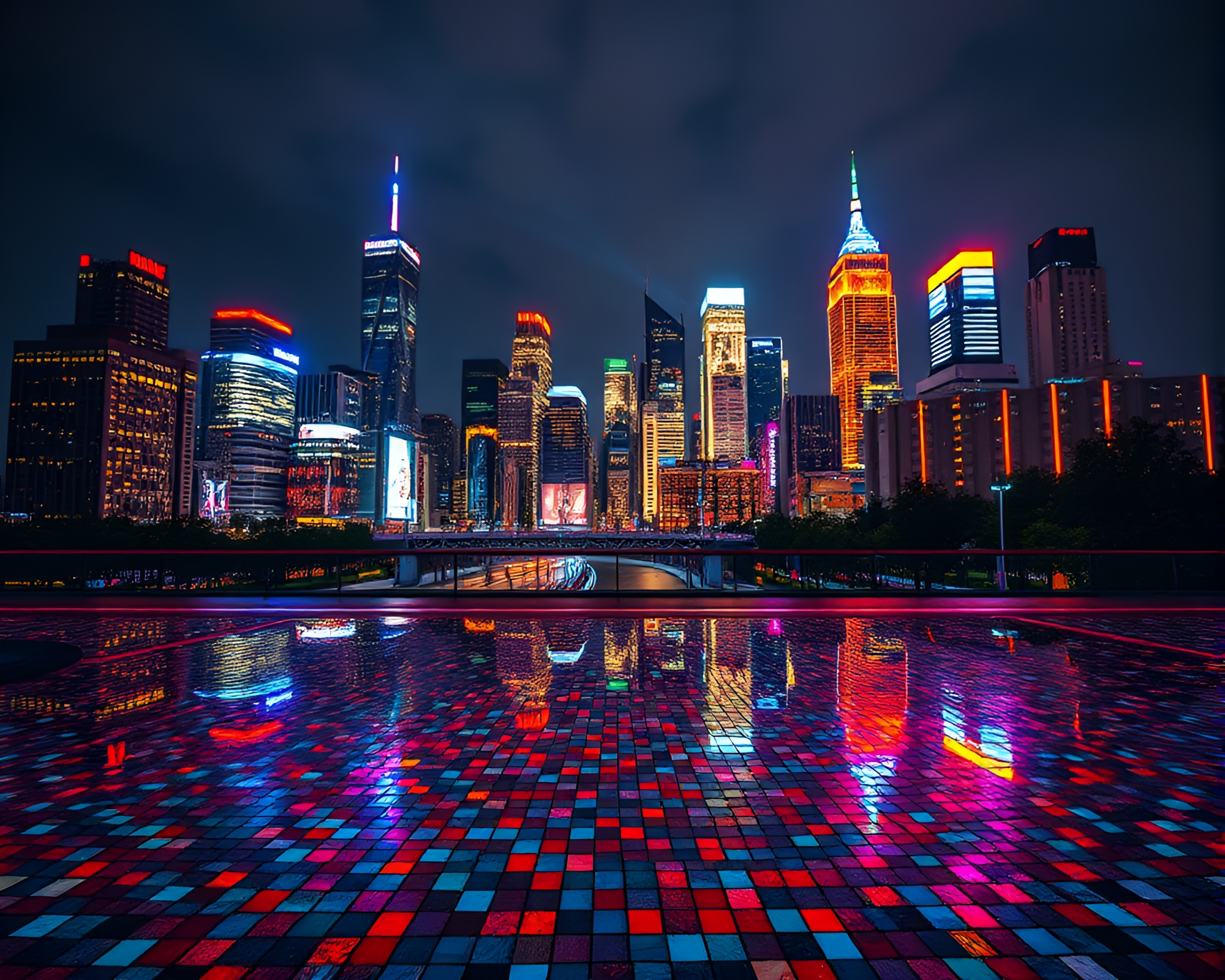Vibrant Neon-Lit Urban Skyline Reflecting in Mosaic Tiles – free AI stock image