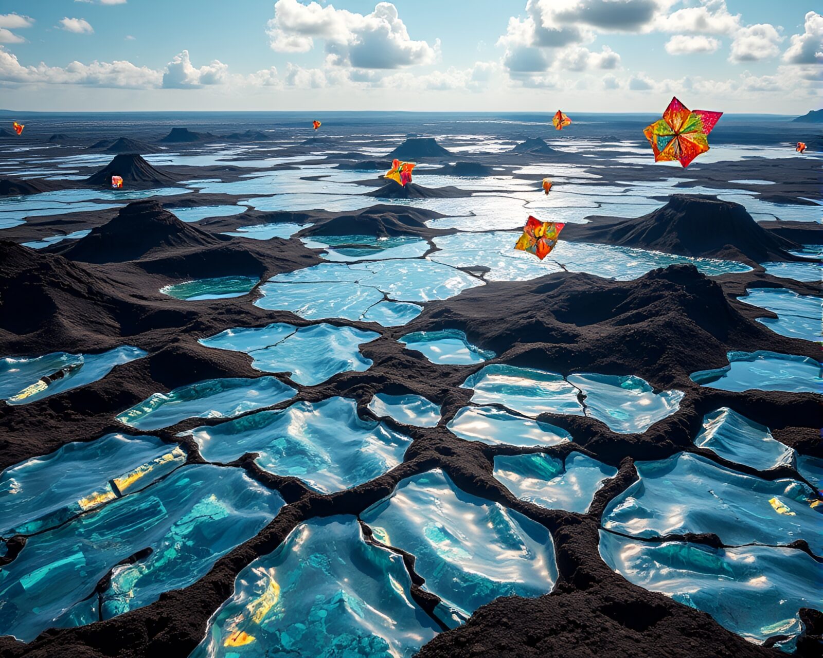 Serene landscape with iridescent volcanic glass plains and colorful structures