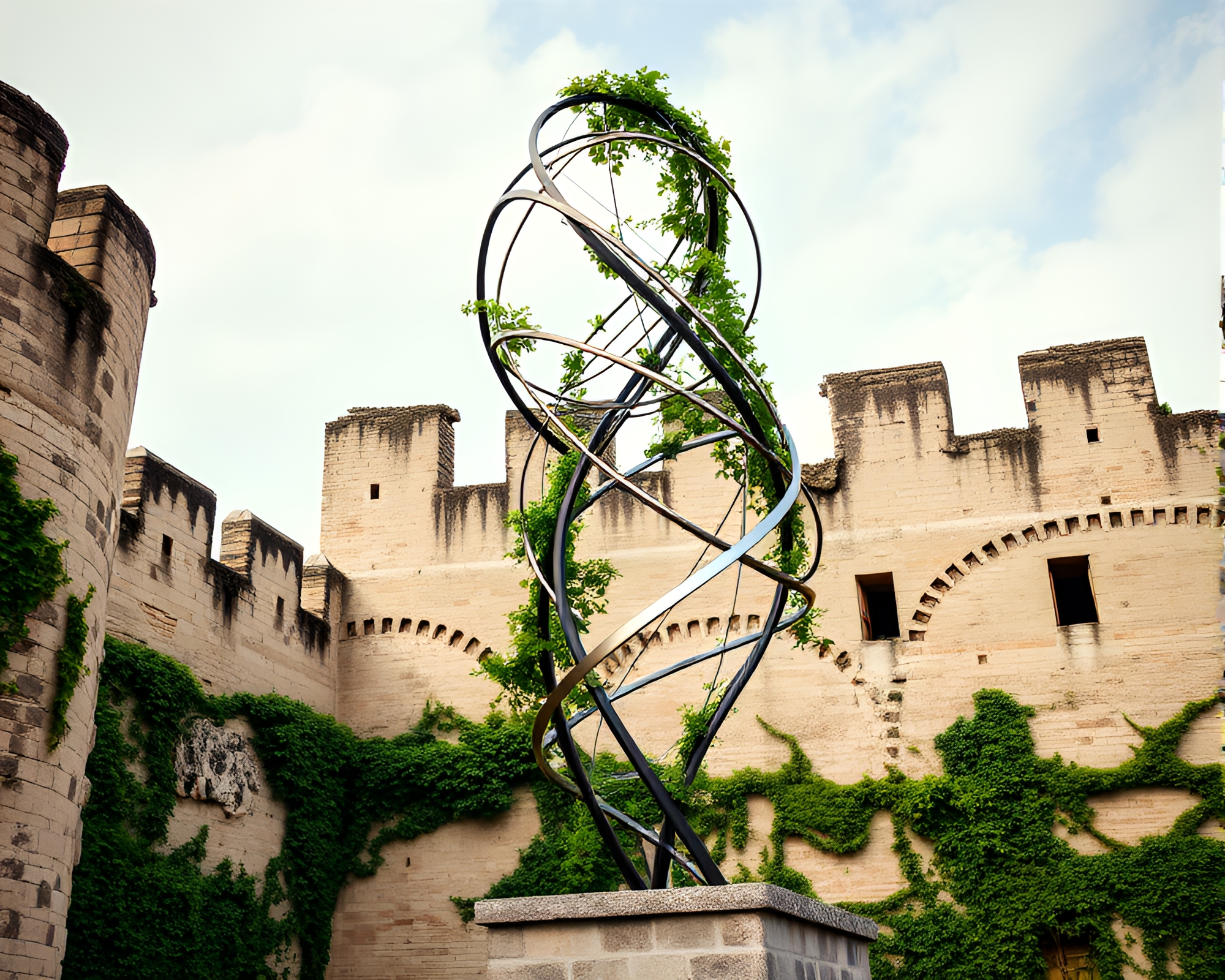 Modern Kinetic Sculpture in Ancient Fortress – free AI stock image