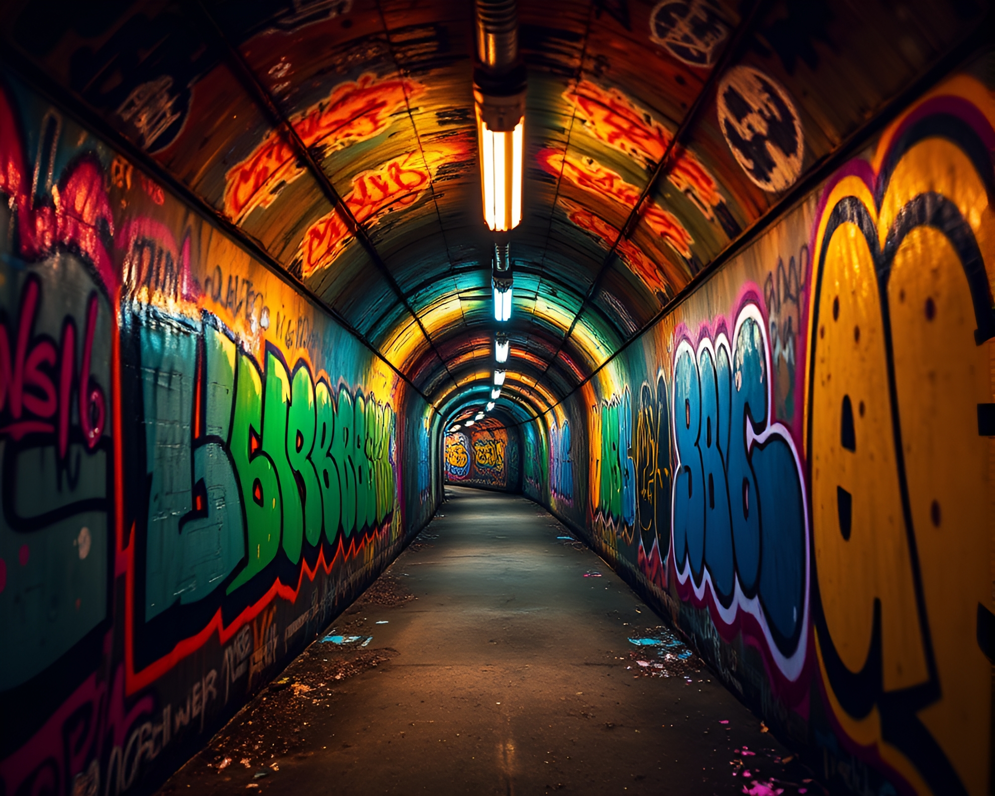 Vibrant Graffiti Tunnel Illuminated in Neon Lights – free AI stock image