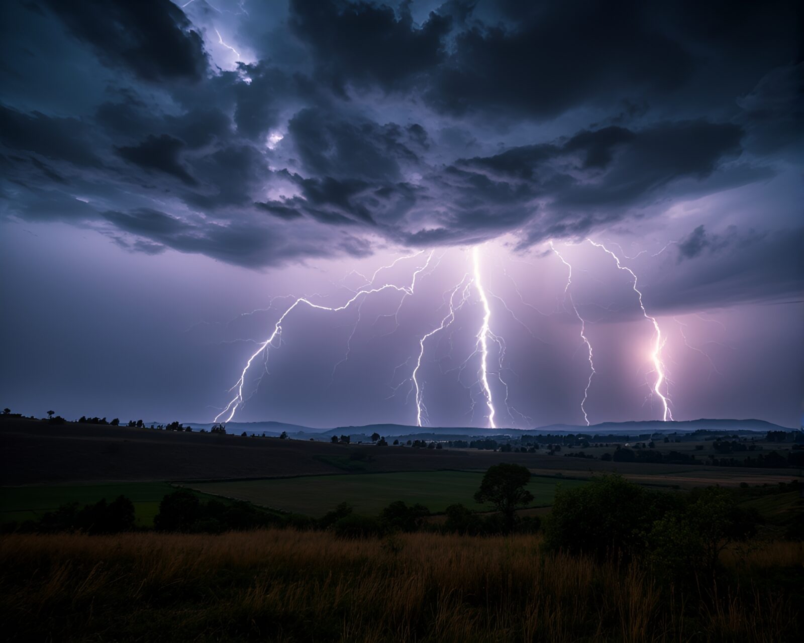 A mesmerizing landscape struck by lightning during a thunderstorm