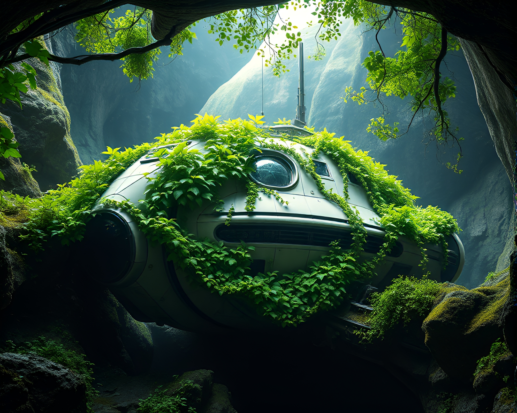 Subterranean Spaceship Covered in Vibrant Green Ivy – free AI stock image