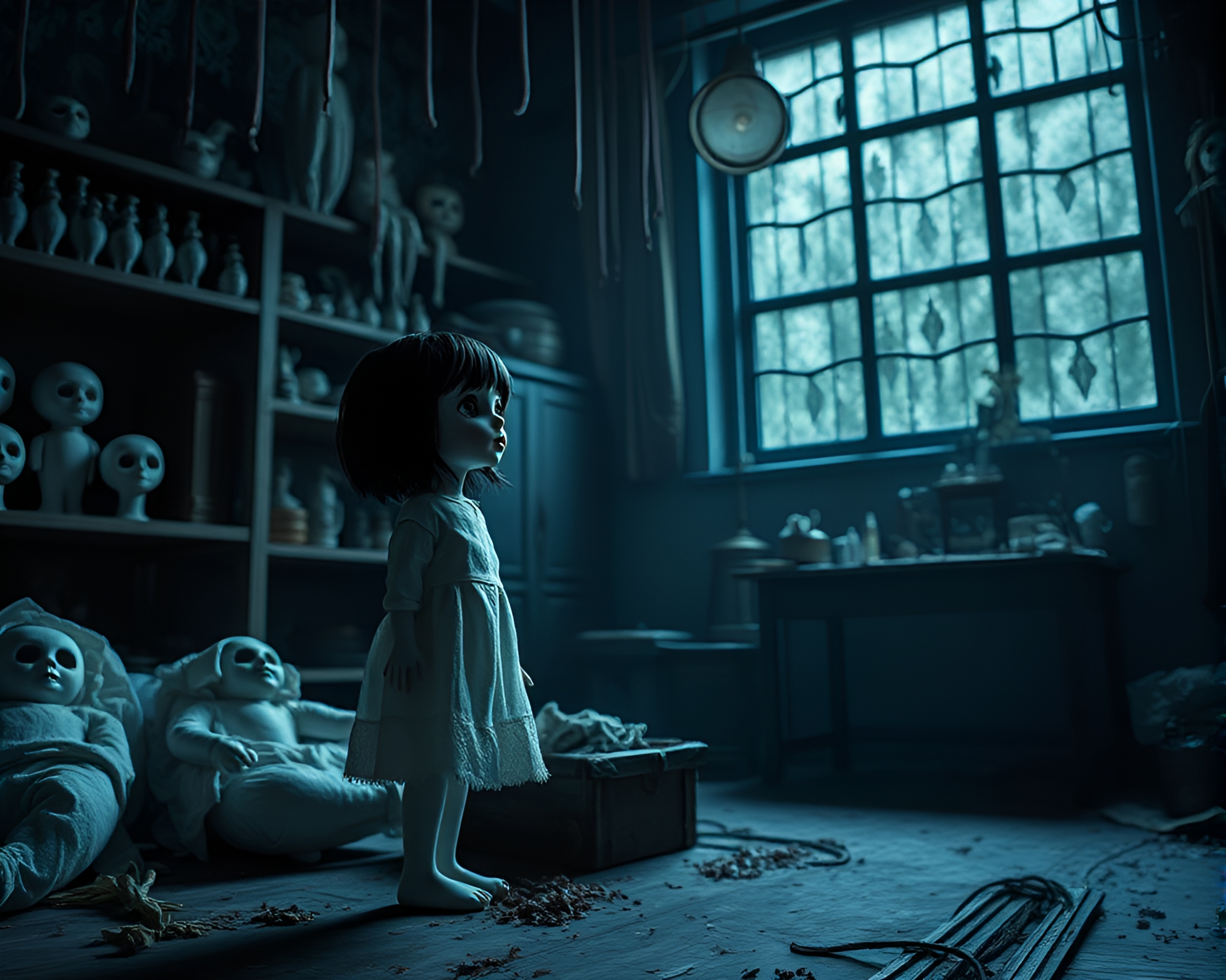 Eerie Anime-Style Porcelain Doll in Macabre Workshop – free AI stock image