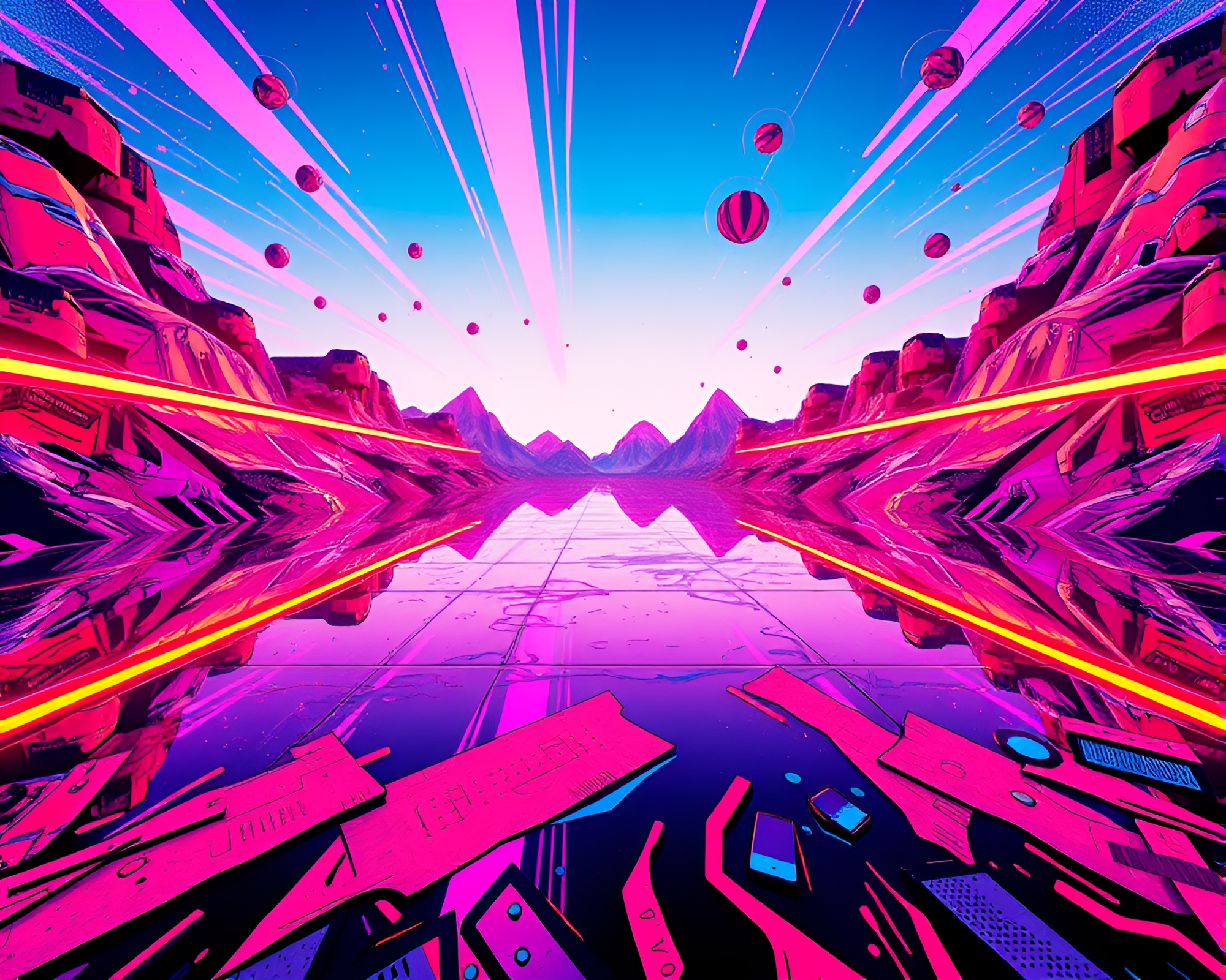 Futuristic Pop Art Masterpiece with Mirrored Horizon – free AI stock image
