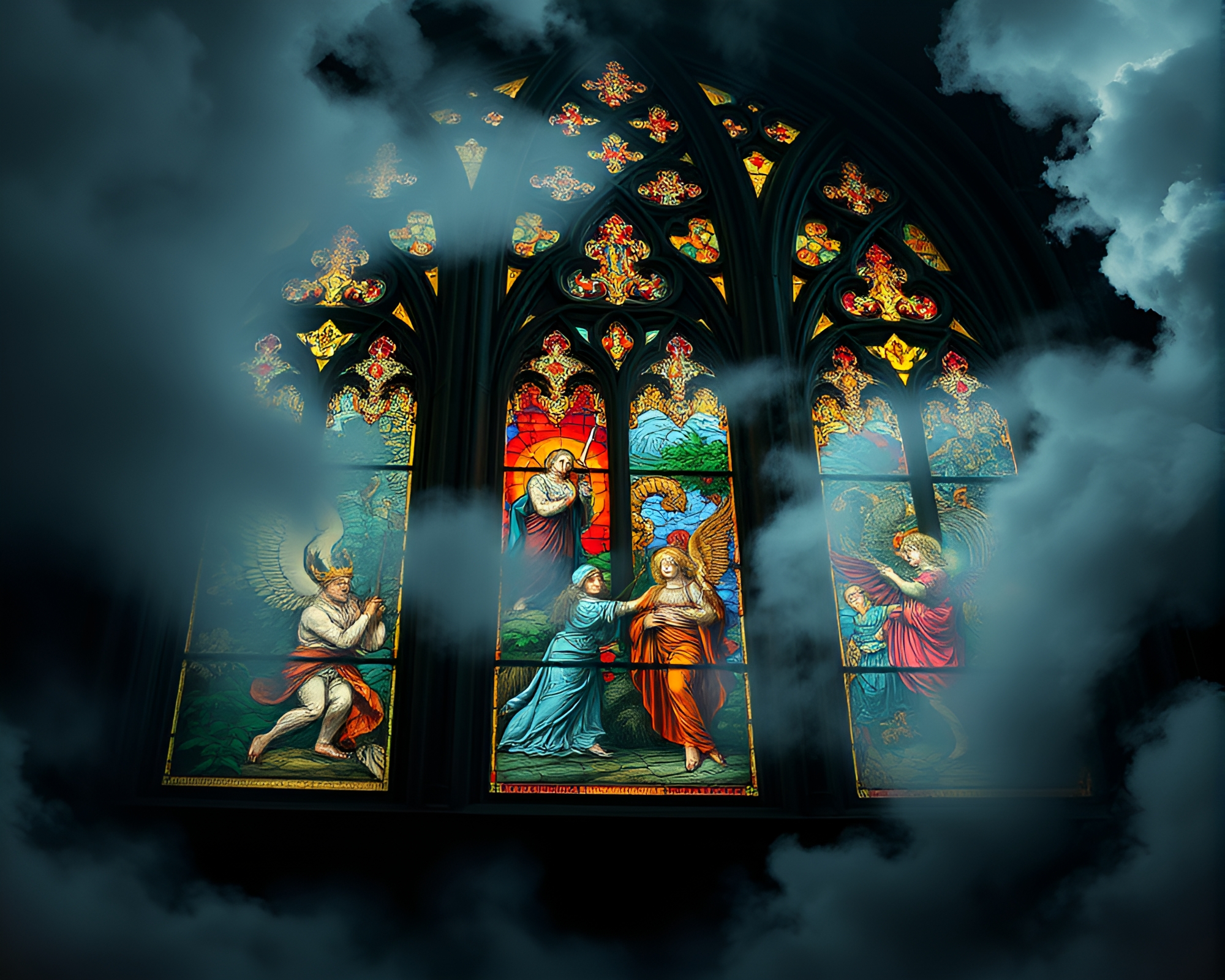Mythological Stained Glass Window under Ethereal Cloudscape – free AI stock image