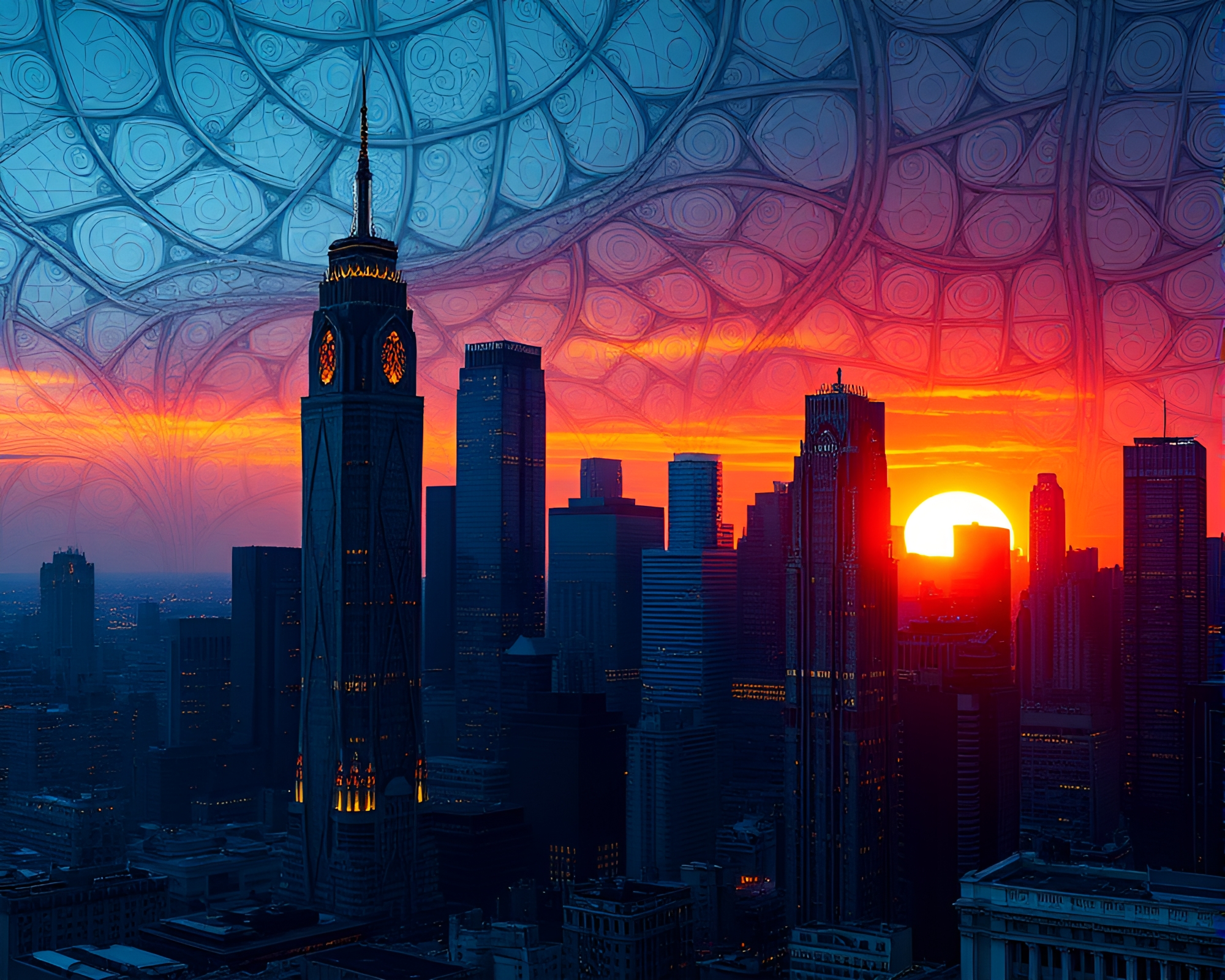 Futuristic Fractal City Skyline with Stained Glass Skyscrapers – free AI stock image