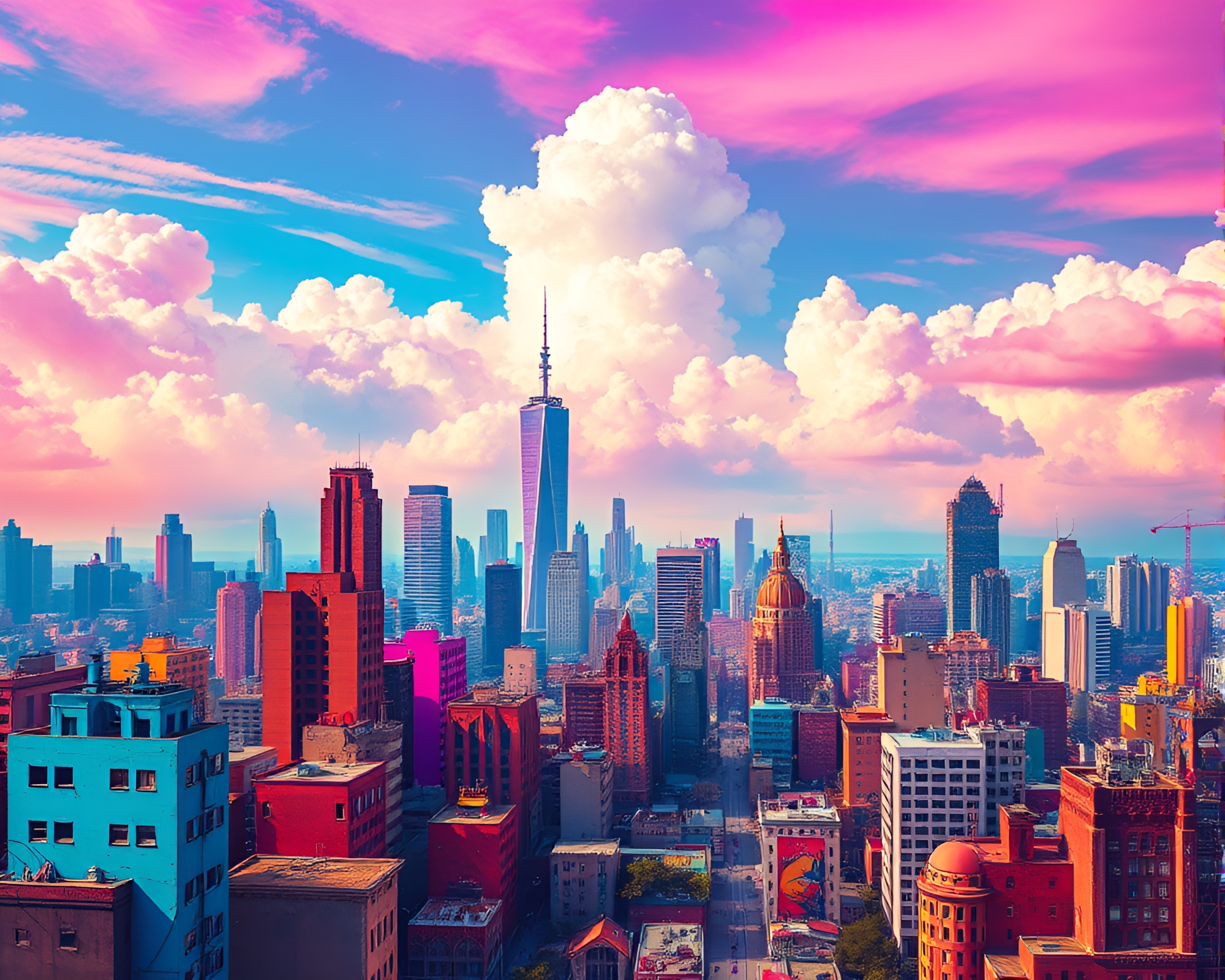 Vibrant Surreal Dystopian Cityscape Amid Ethereal Cloudscape – free AI stock image