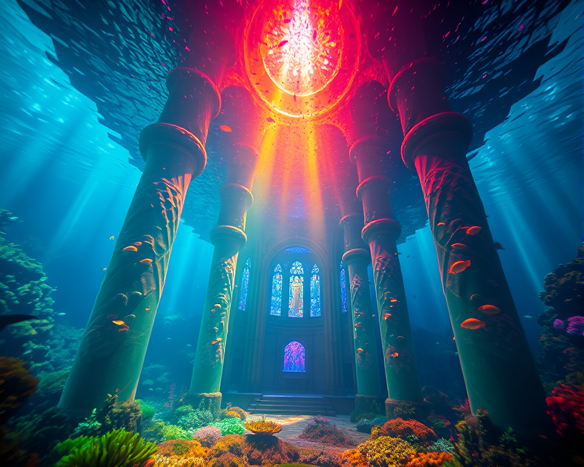 Surreal Underwater Cathedral in Vibrant Pastoral Colors – free AI stock image