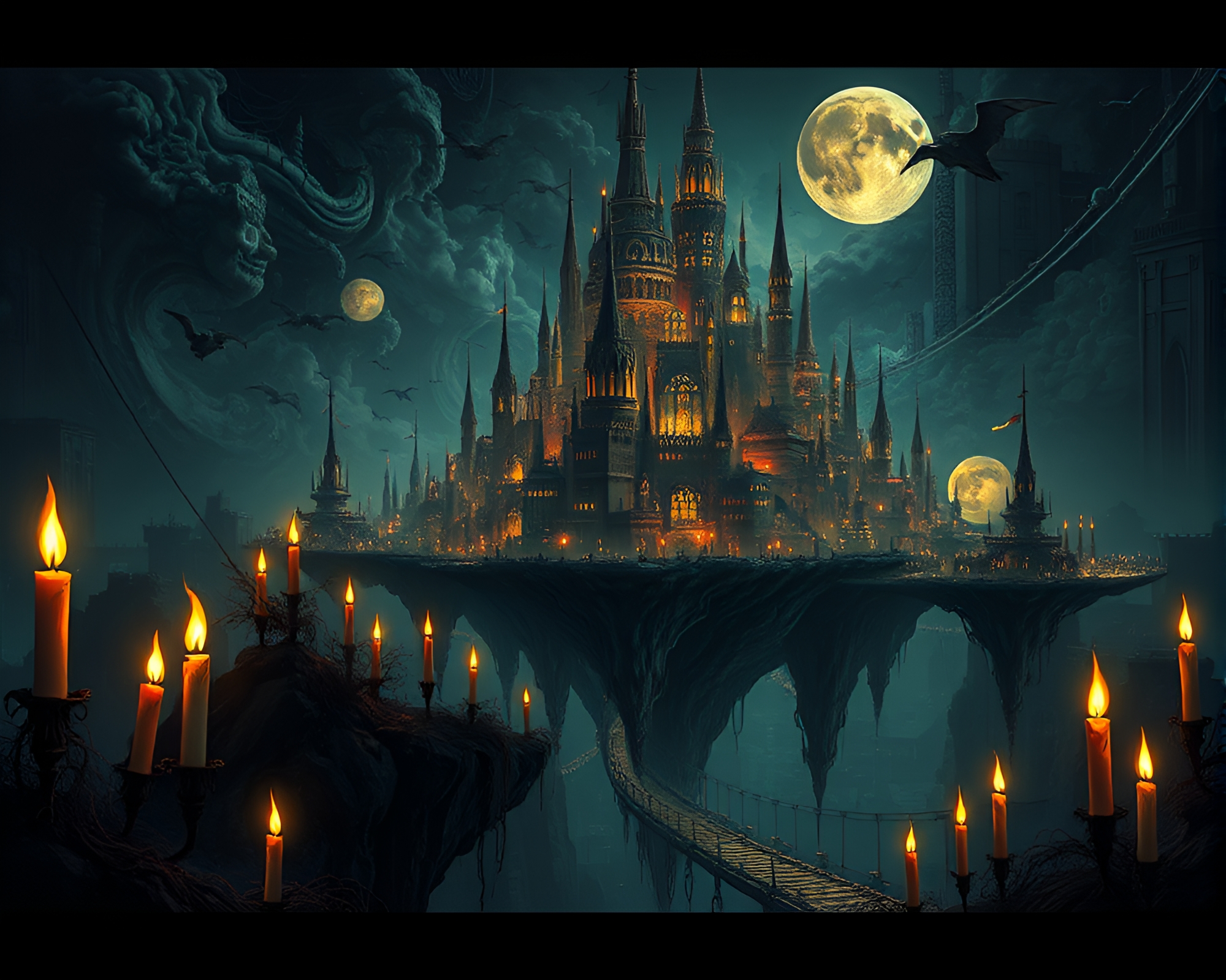 Mysterious Citadel Floating Among Flickering Candles in Dark Sky – free AI stock image