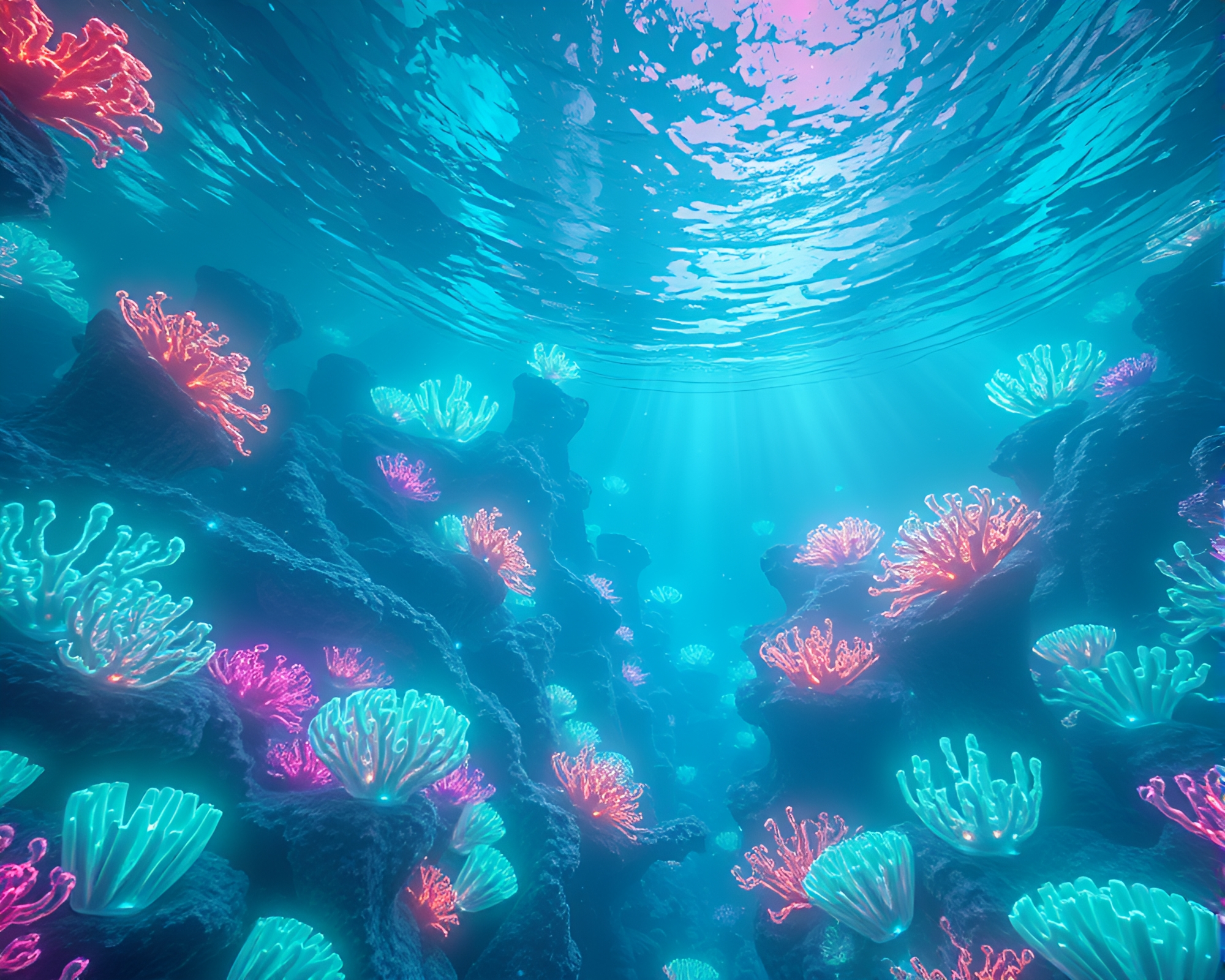 Ethereal Underwater World: Glowing Bioluminescent Coral Reefs – free AI stock image