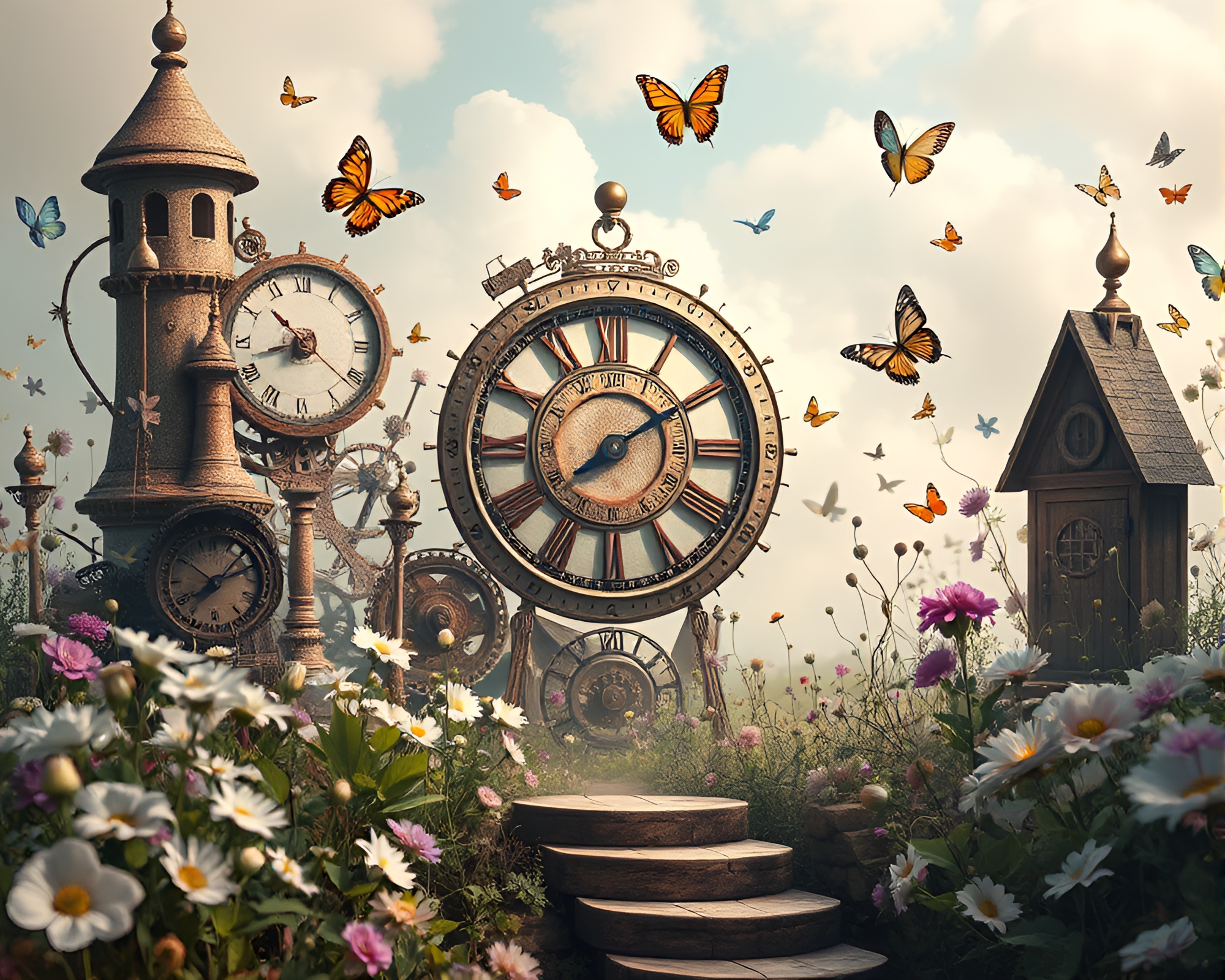 Steampunk Clockwork Garden with Butterflies and Flowers – free AI stock image