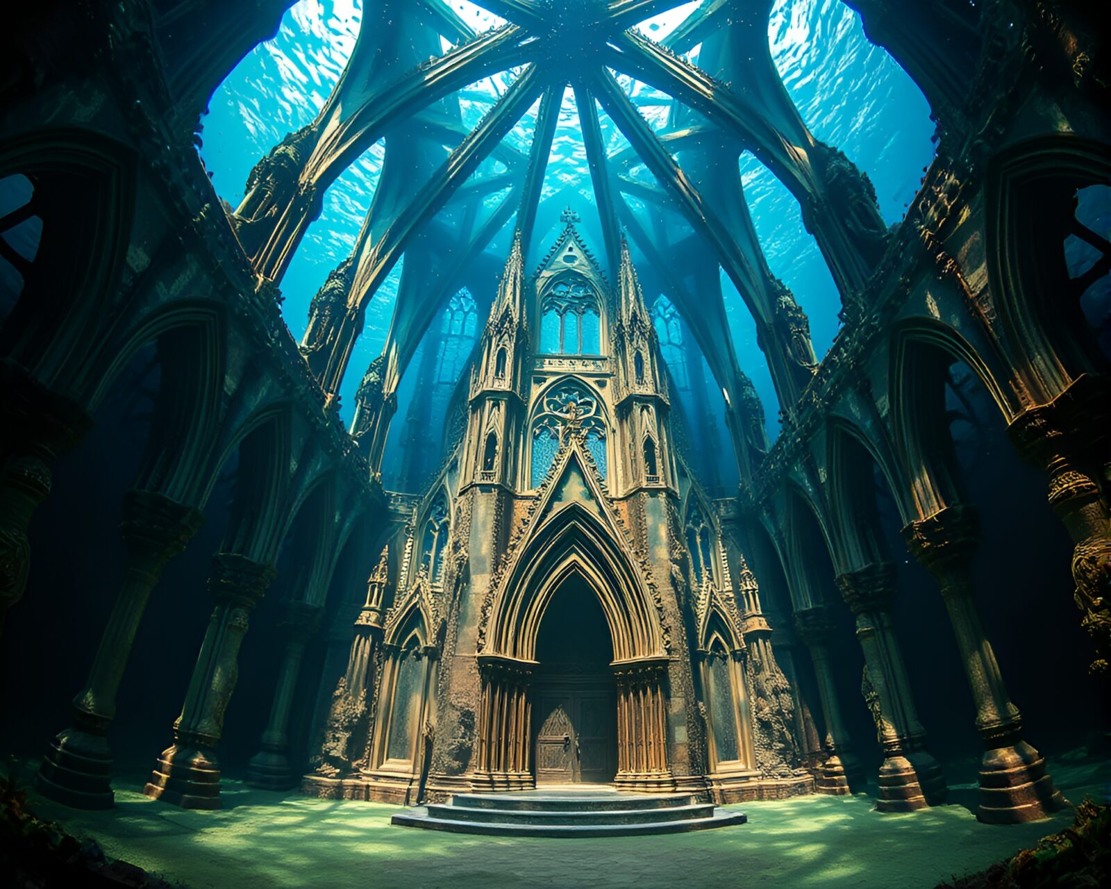 A mesmerizing underwater cathedral exuding a mystical aura