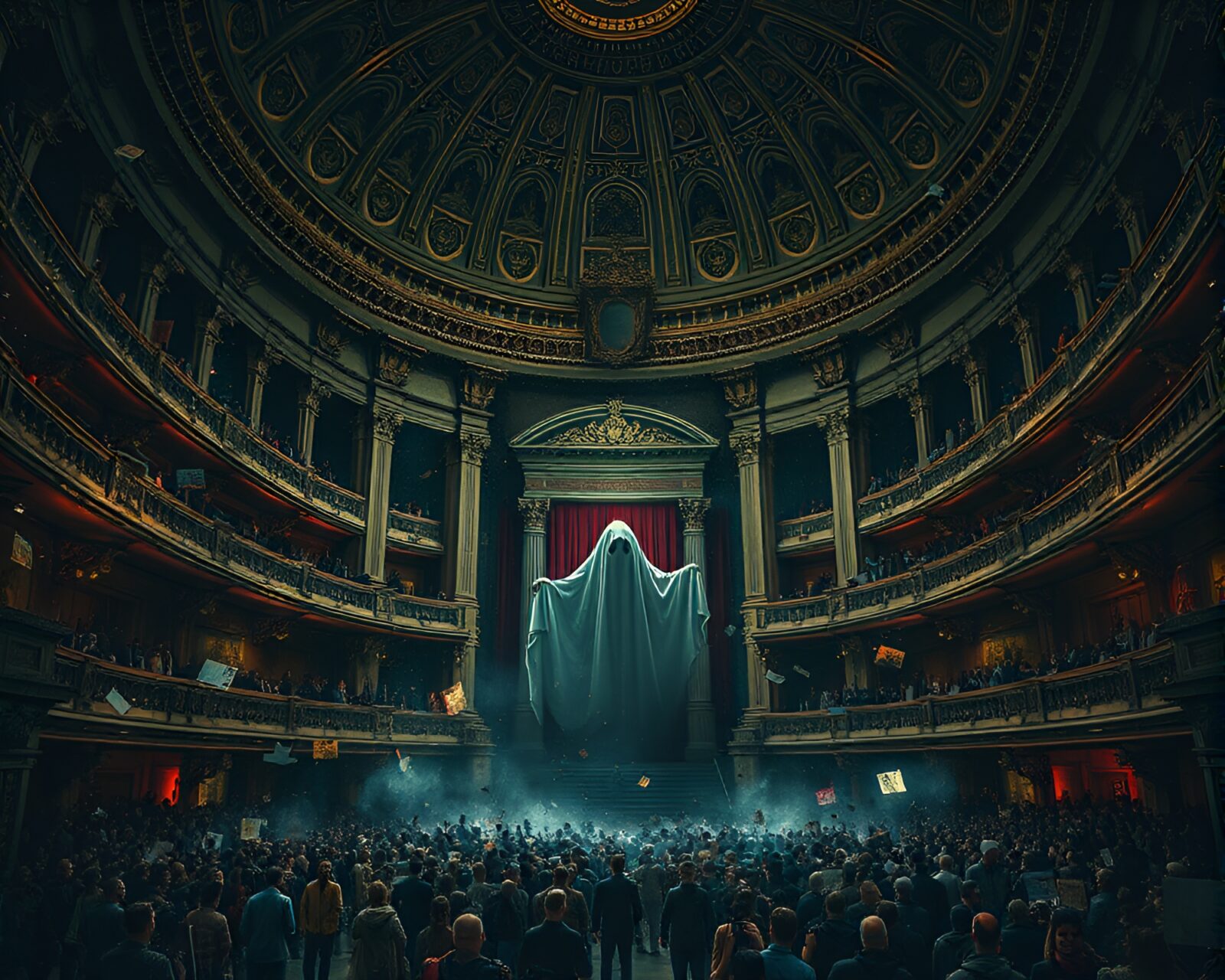 Mysterious phantom in the shadows of an intricate opera house