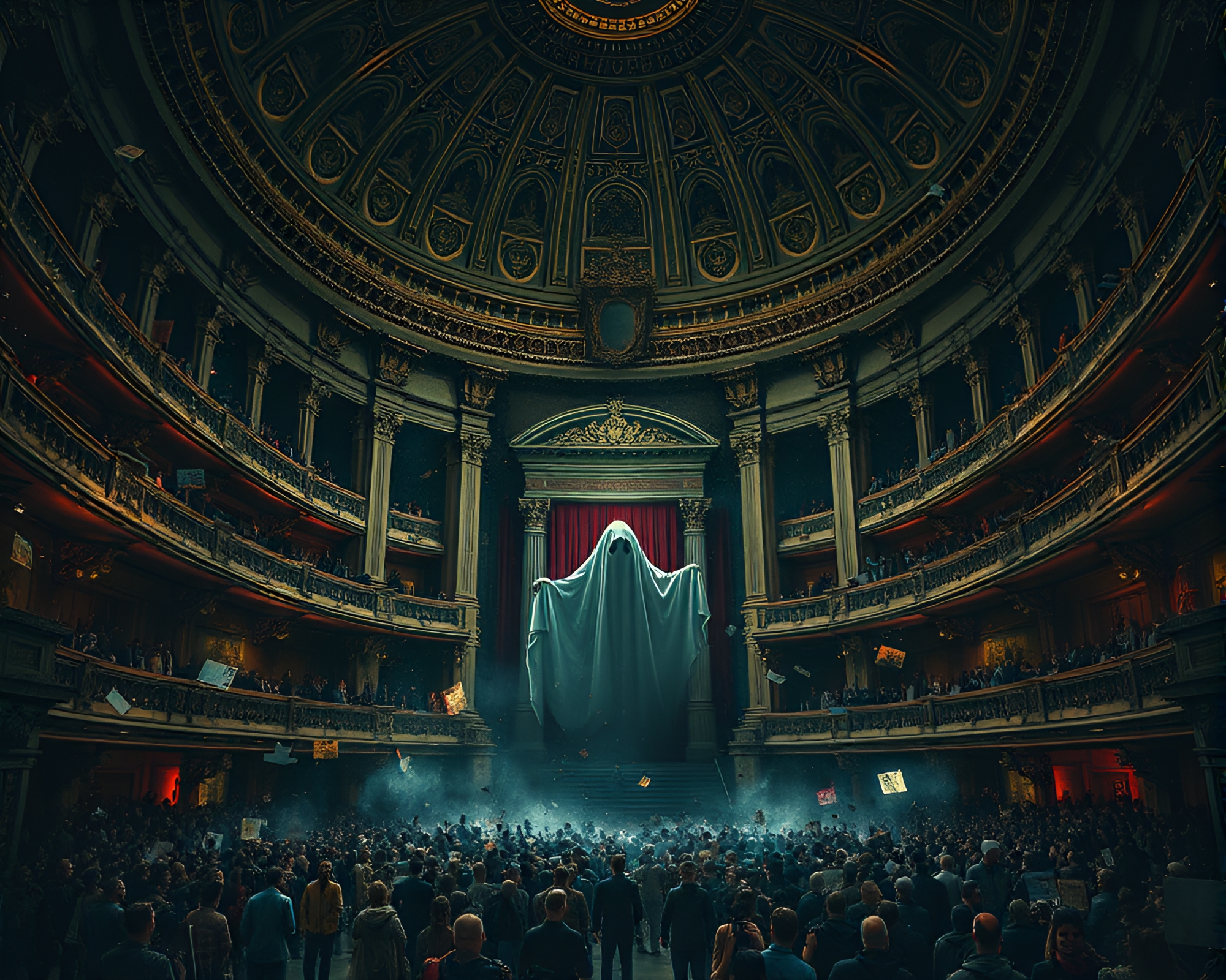 Eerie Phantom Haunts Intricate Opera House Shadows – free AI stock image