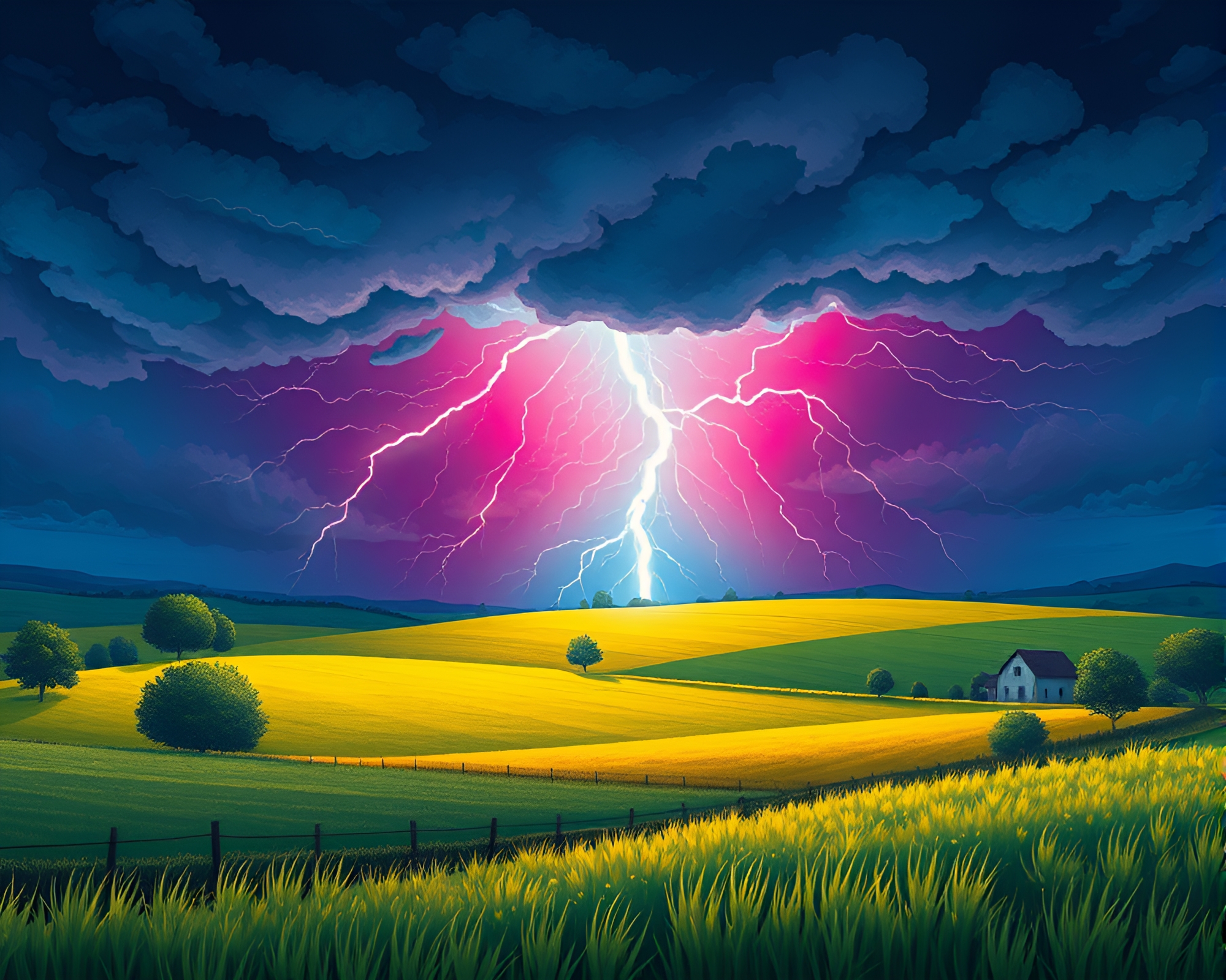Stunning Vector Illustration of Electric Storm Front Above Serene Pastoral Landscape – free AI stock image