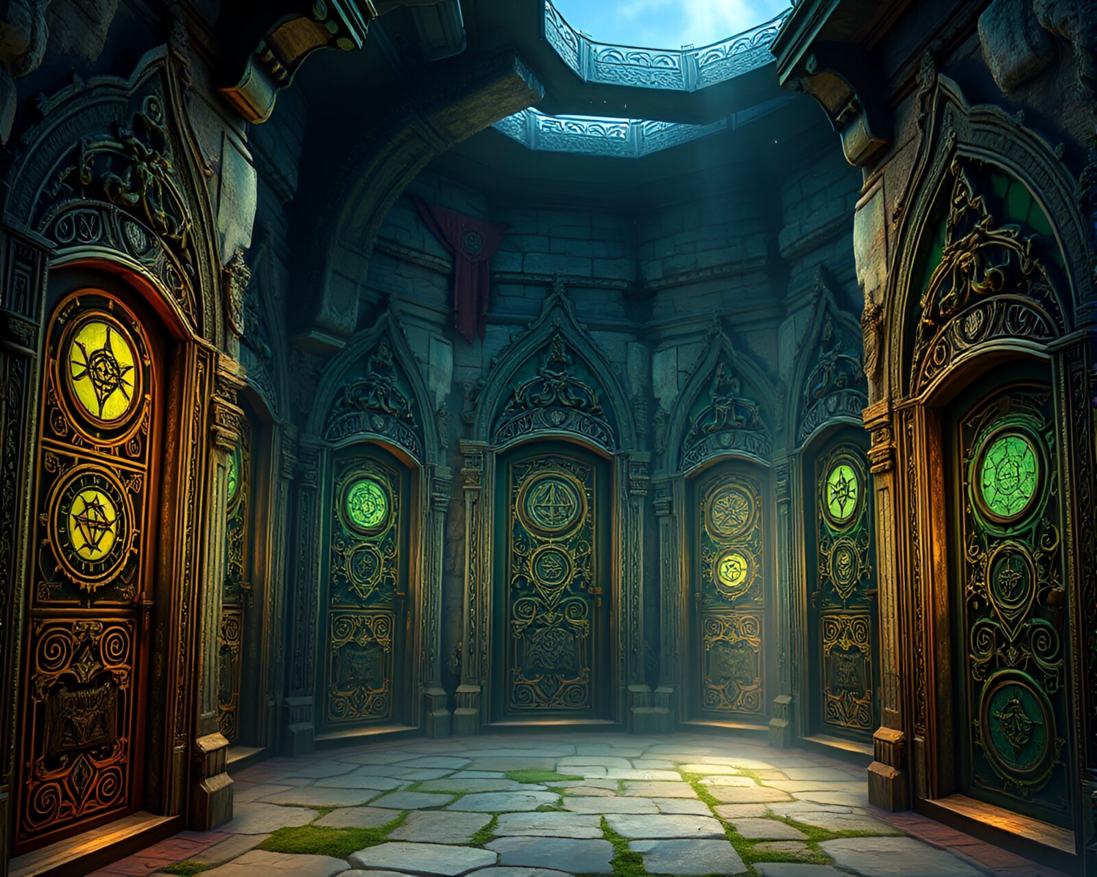 Intricately carved ancient doors within dreamy mystical labyrinth.
