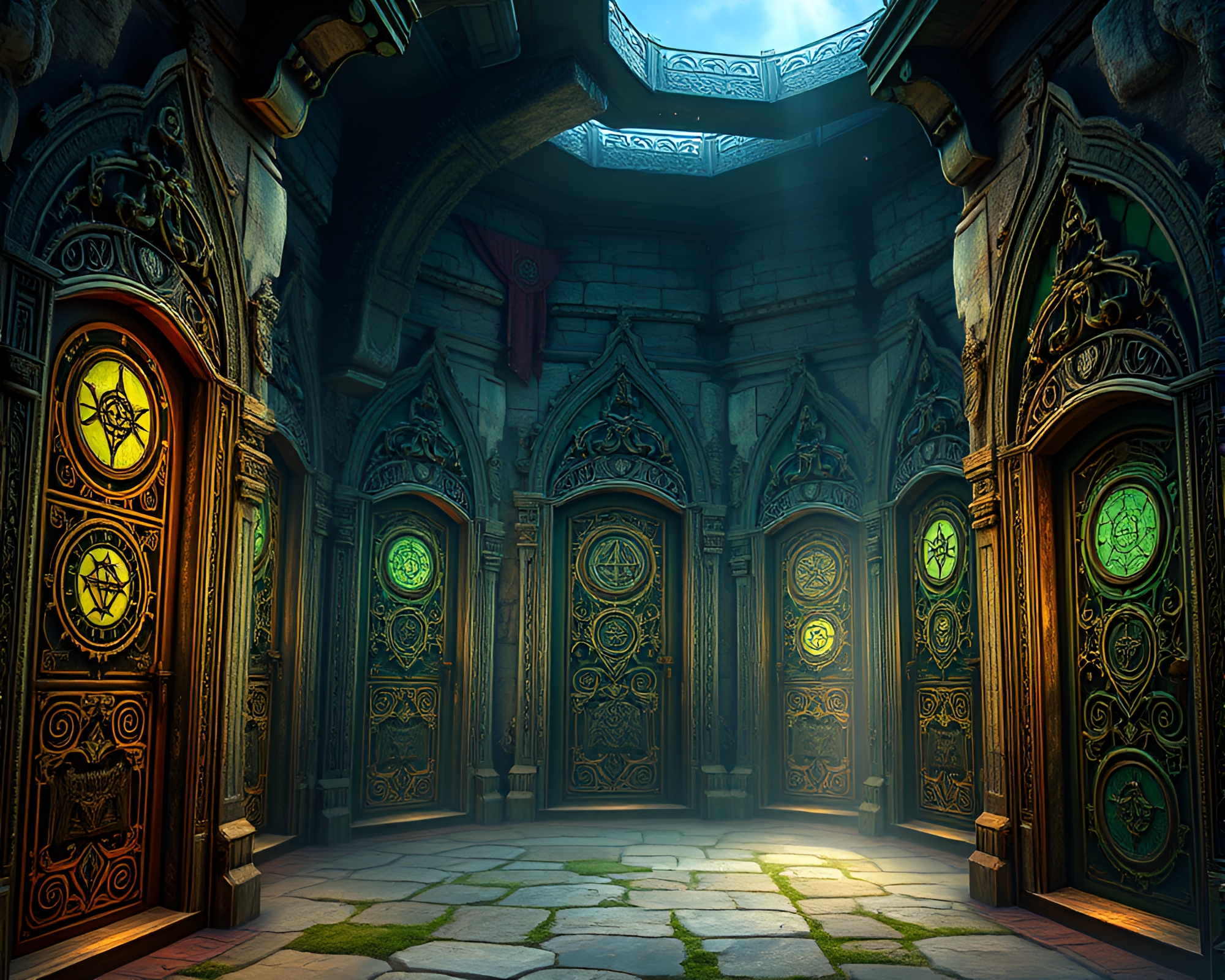 Enigmatic Labyrinth Doors to Magical Realms – free AI stock image